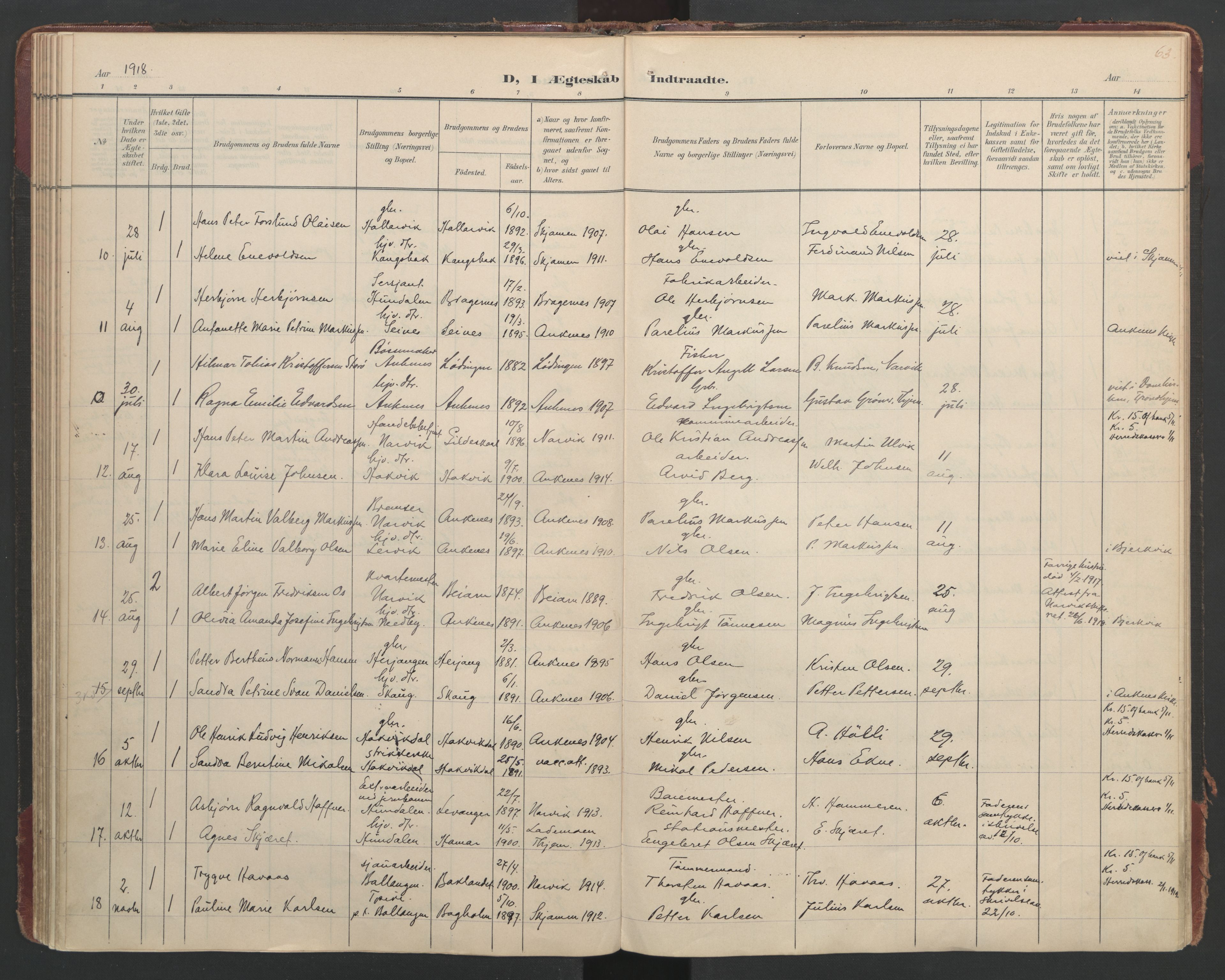 Ministerialprotokoller, klokkerbøker og fødselsregistre - Nordland, AV/SAT-A-1459/866/L0942: Parish register (official) no. 866A05, 1901-1928, p. 63