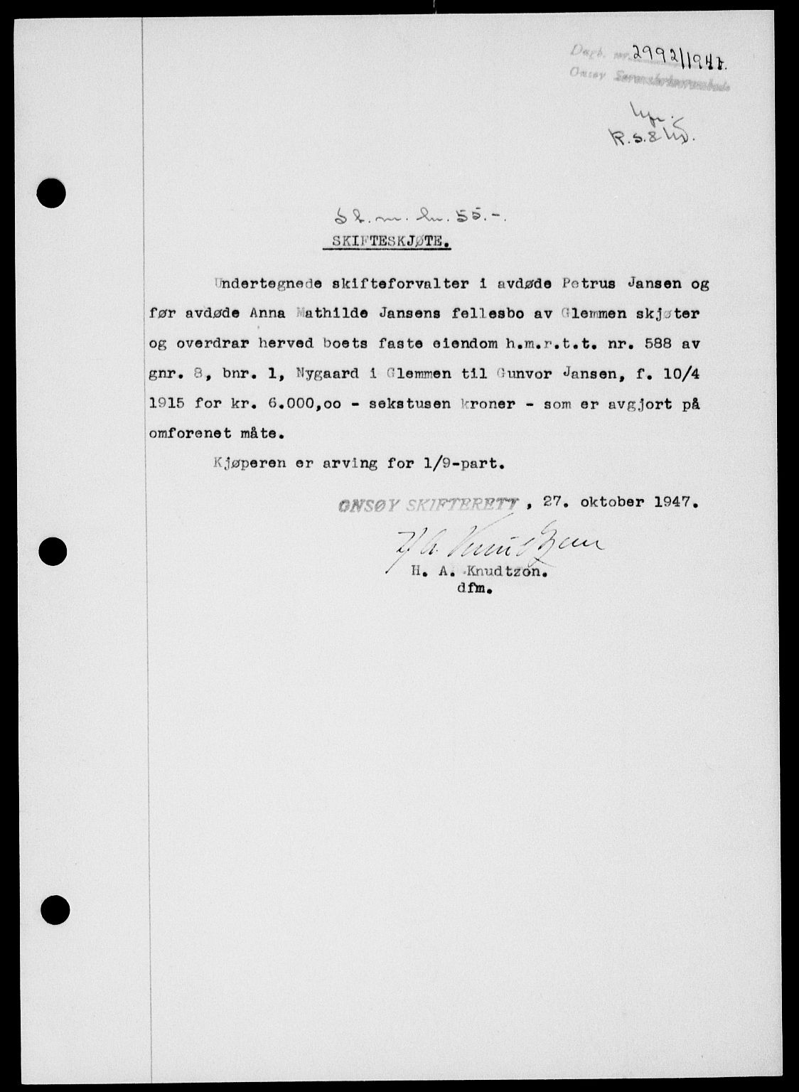 Onsøy sorenskriveri, AV/SAO-A-10474/G/Ga/Gab/L0021: Mortgage book no. II A-21, 1947-1947, Diary no: : 2992/1947