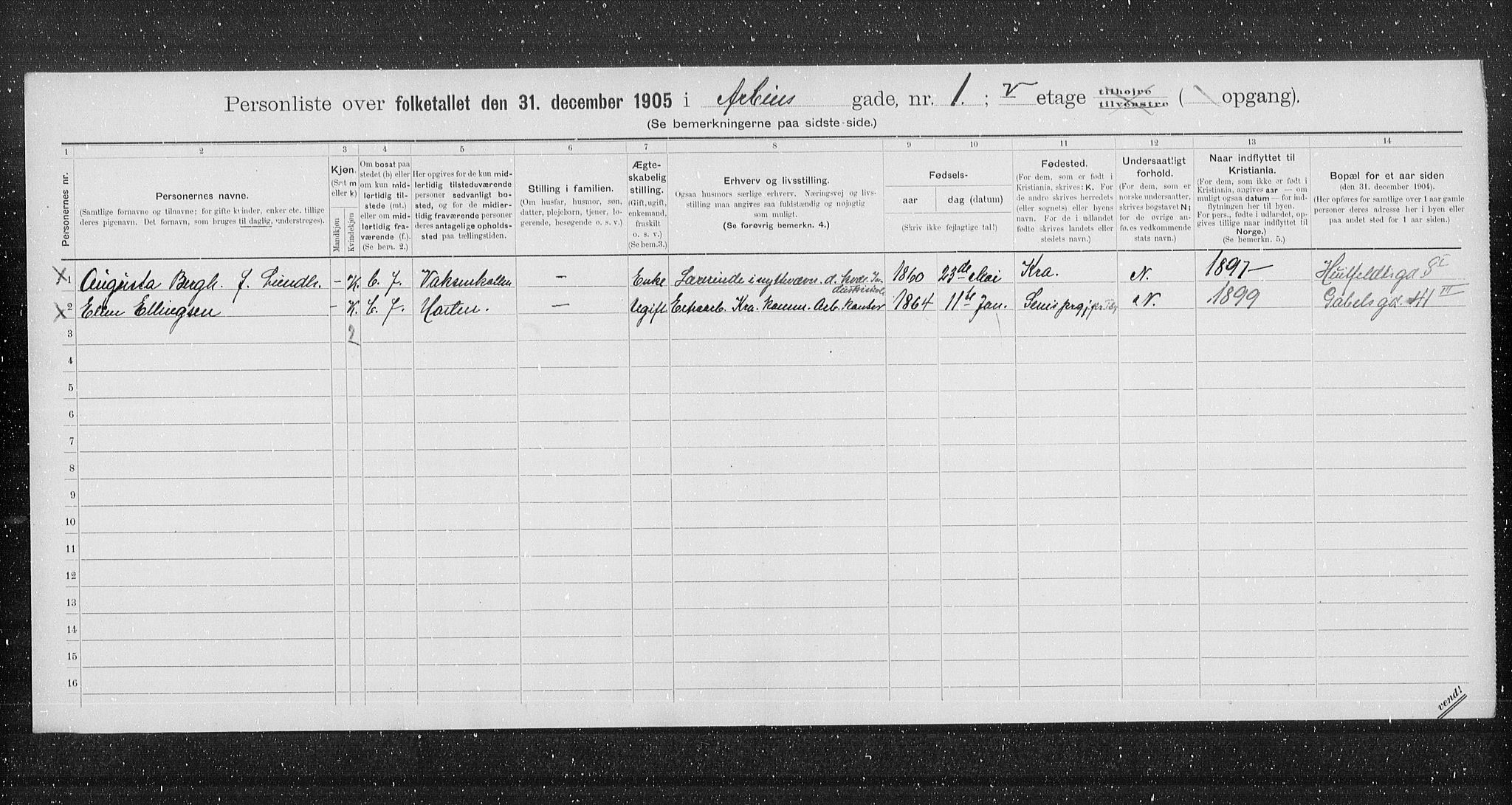 OBA, Municipal Census 1905 for Kristiania, 1905, p. 827