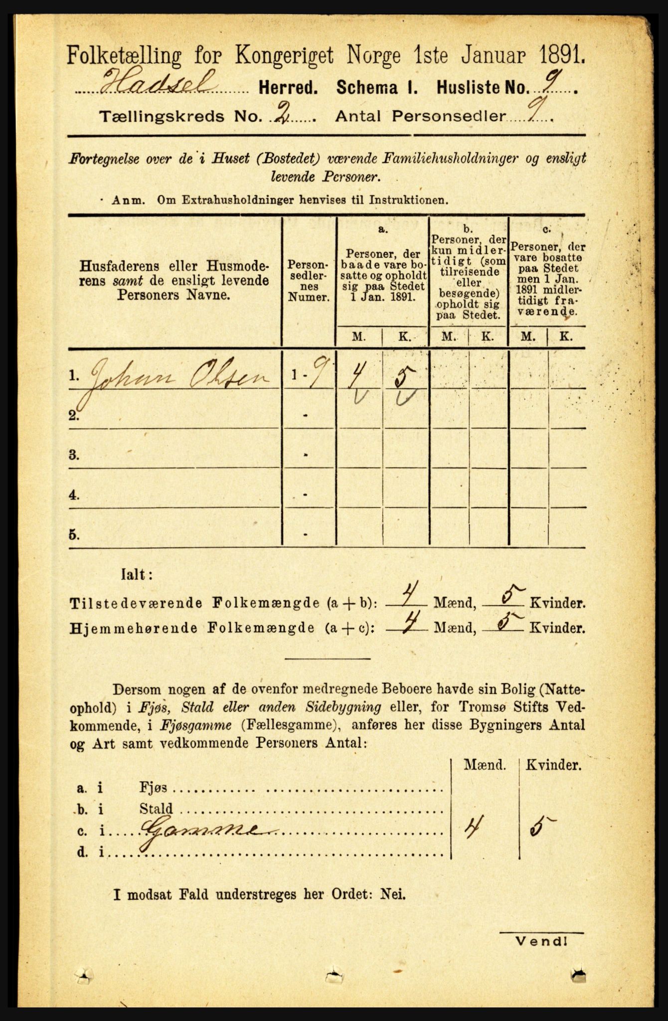 RA, 1891 census for 1866 Hadsel, 1891, p. 603