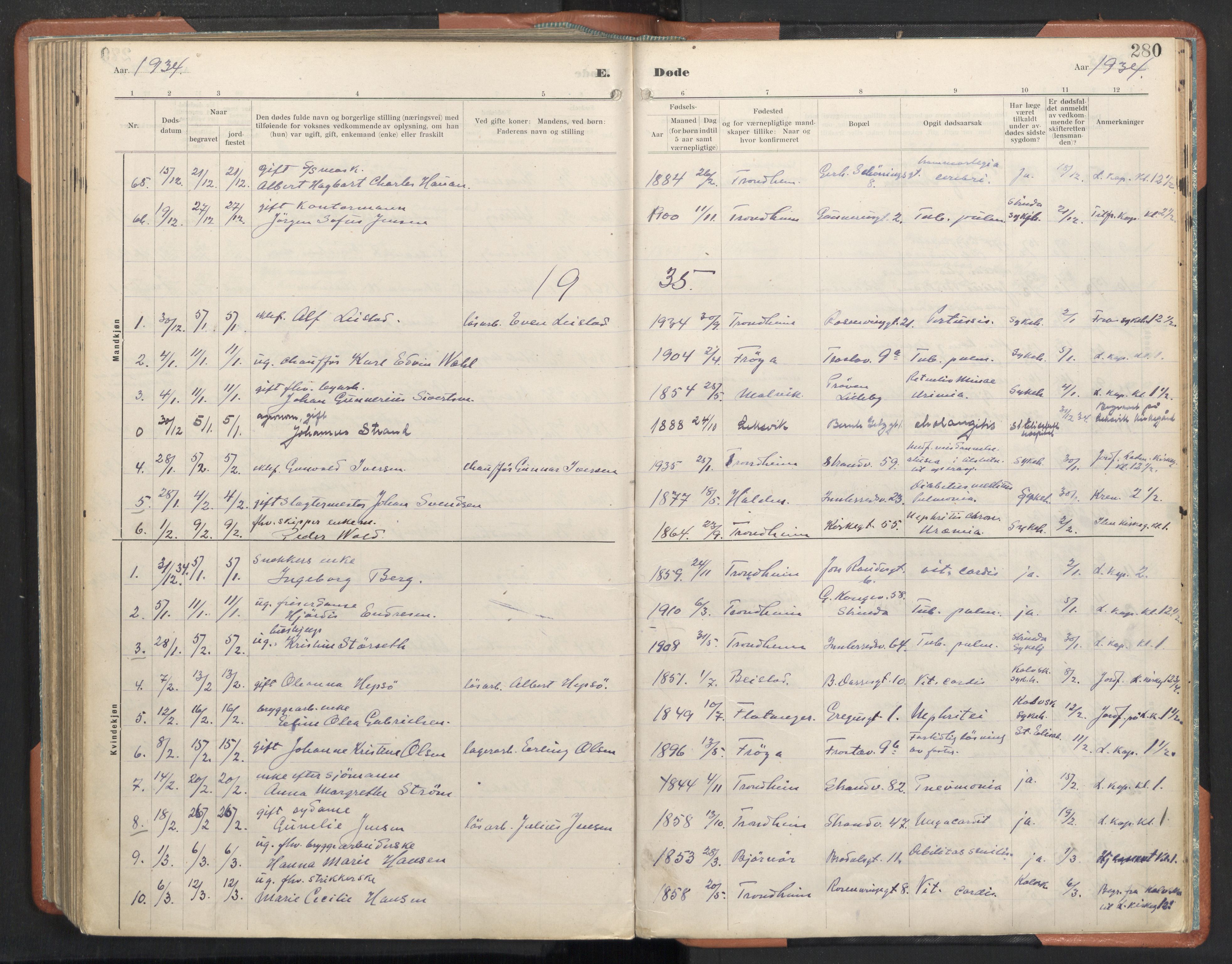 Ministerialprotokoller, klokkerbøker og fødselsregistre - Sør-Trøndelag, SAT/A-1456/605/L0245: Parish register (official) no. 605A07, 1916-1938, p. 280