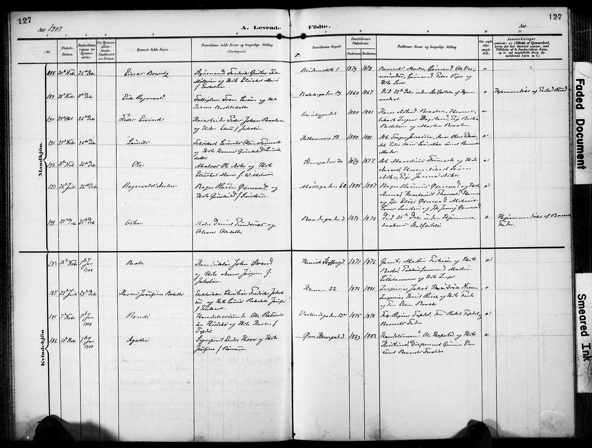 Domkirken sokneprestkontor, SAST/A-101812/001/30/30BB/L0018: Parish register (copy) no. B 18, 1903-1915, p. 127