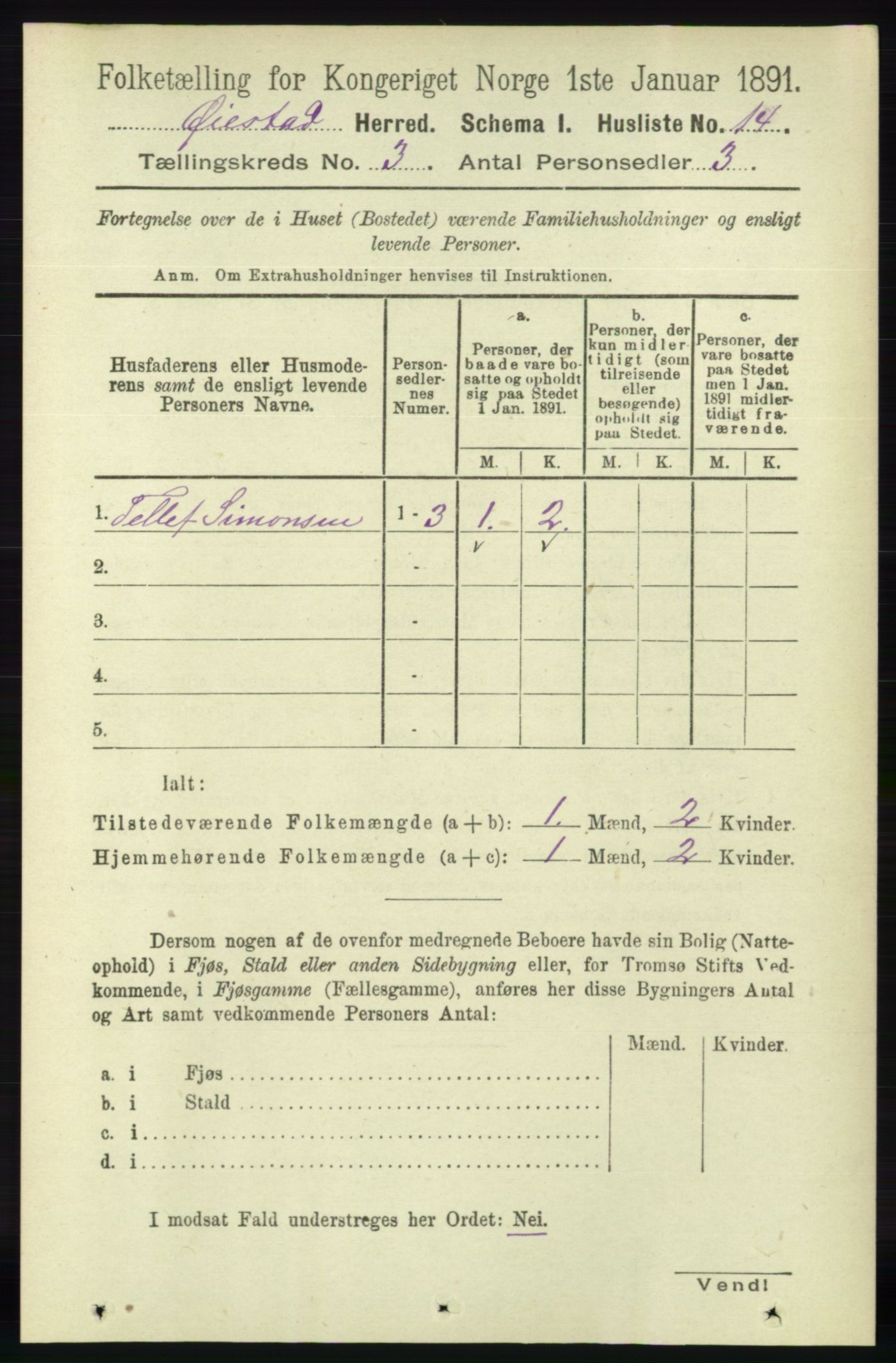 RA, 1891 census for 0920 Øyestad, 1891, p. 849