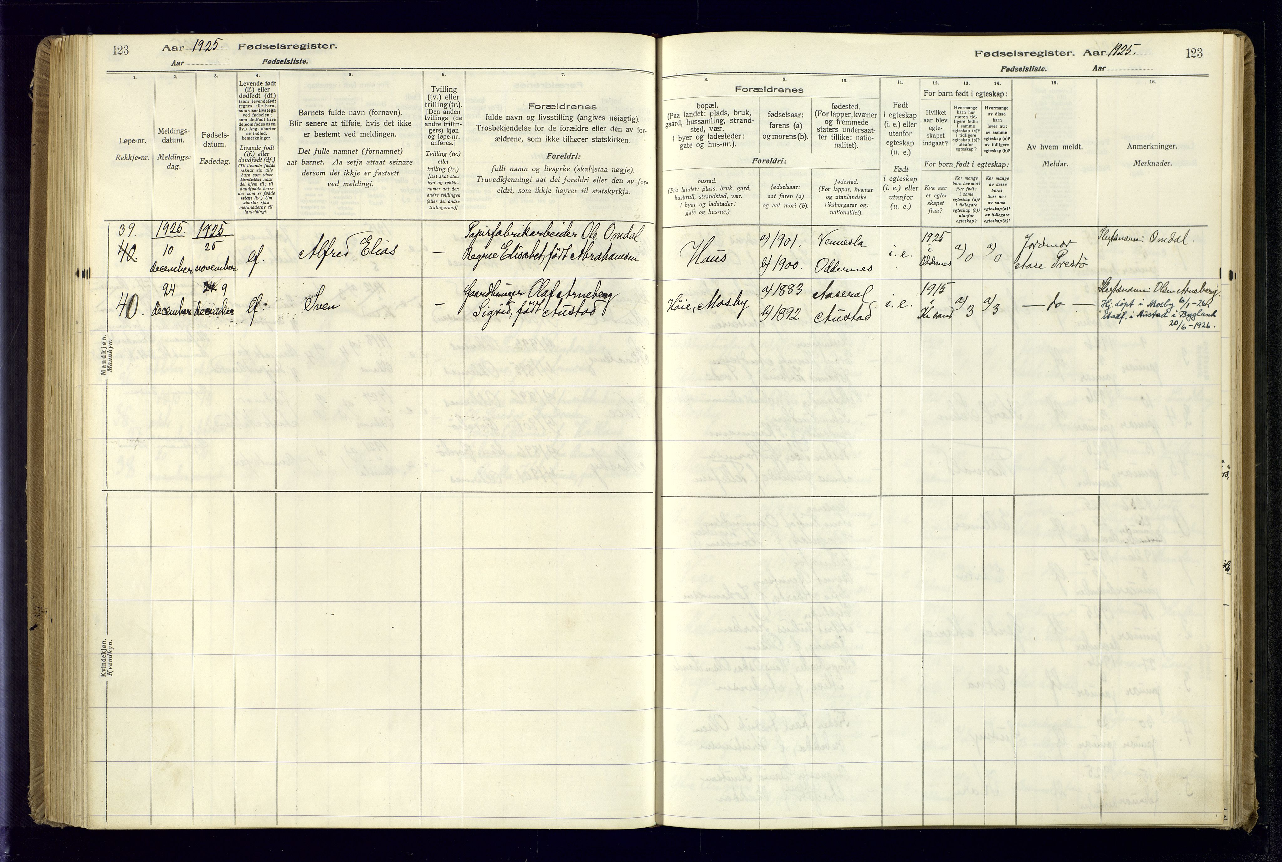 Oddernes sokneprestkontor, AV/SAK-1111-0033/J/Ja/L0001: Birth register no. 1, 1916-1935, p. 123