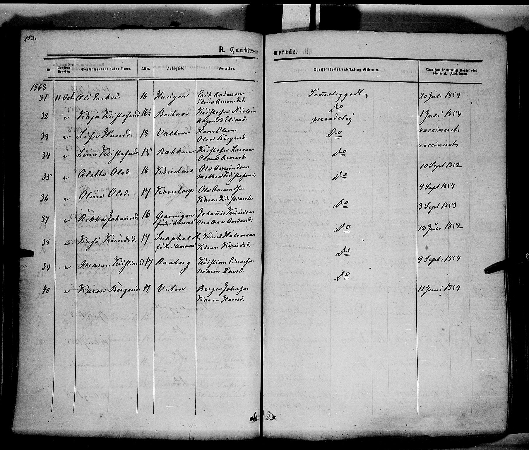 Hof prestekontor, SAH/PREST-038/H/Ha/Haa/L0009: Parish register (official) no. 9, 1862-1877, p. 153