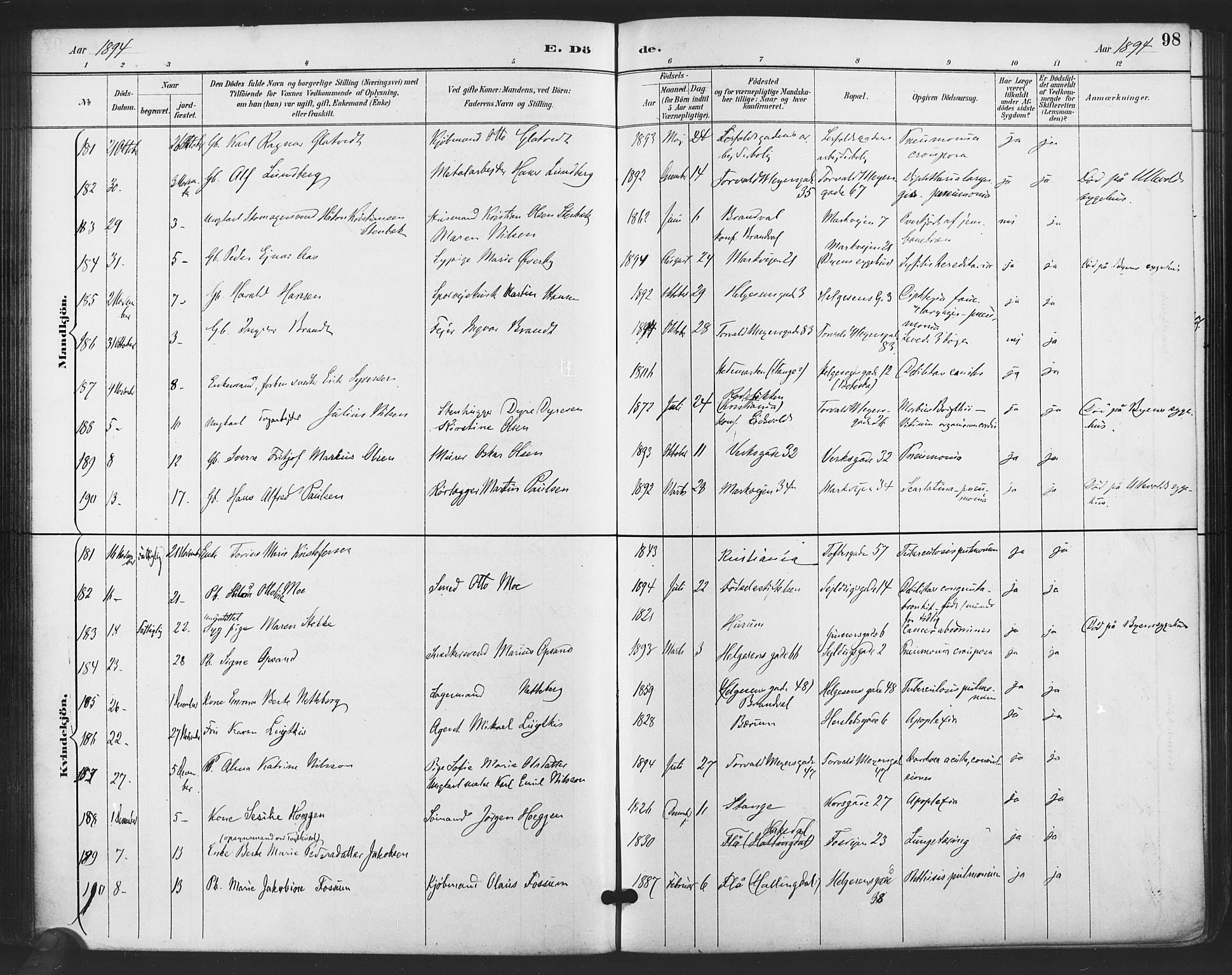 Paulus prestekontor Kirkebøker, AV/SAO-A-10871/F/Fa/L0011: Parish register (official) no. 11, 1889-1897, p. 98