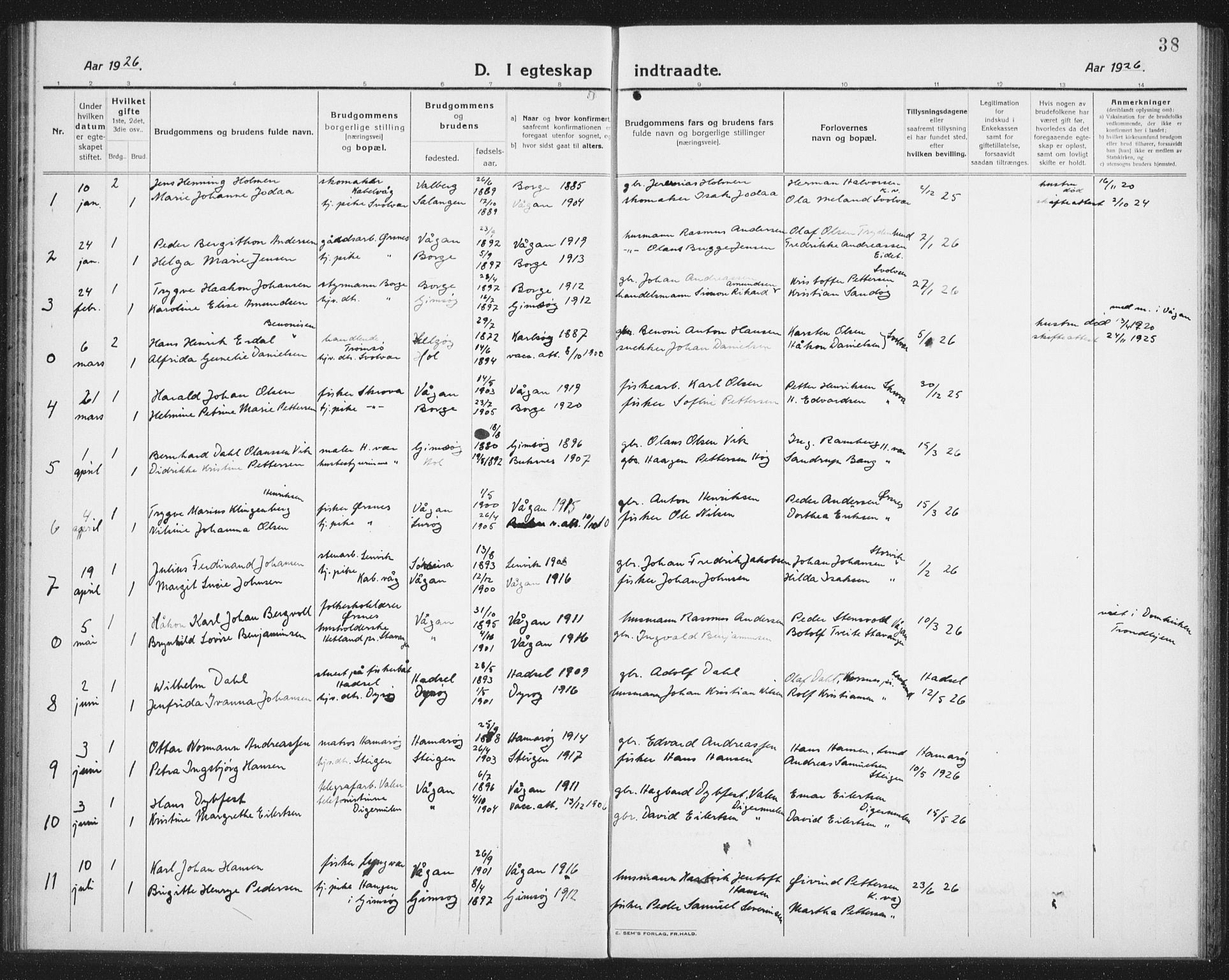 Ministerialprotokoller, klokkerbøker og fødselsregistre - Nordland, AV/SAT-A-1459/874/L1082: Parish register (copy) no. 874C11, 1920-1939, p. 38