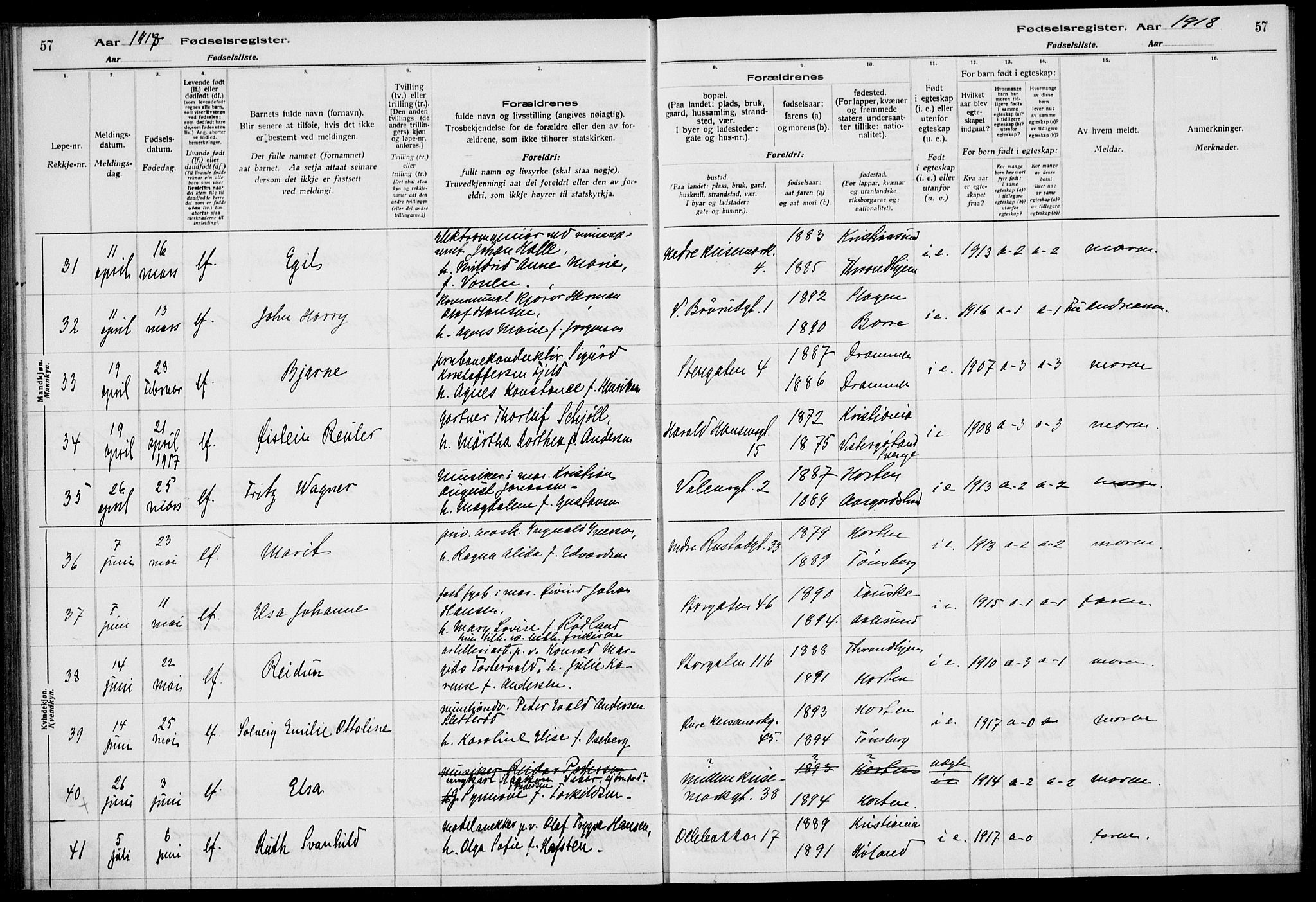 Horten kirkebøker, AV/SAKO-A-348/J/Ja/L0001: Birth register no. 1, 1916-1923, p. 57