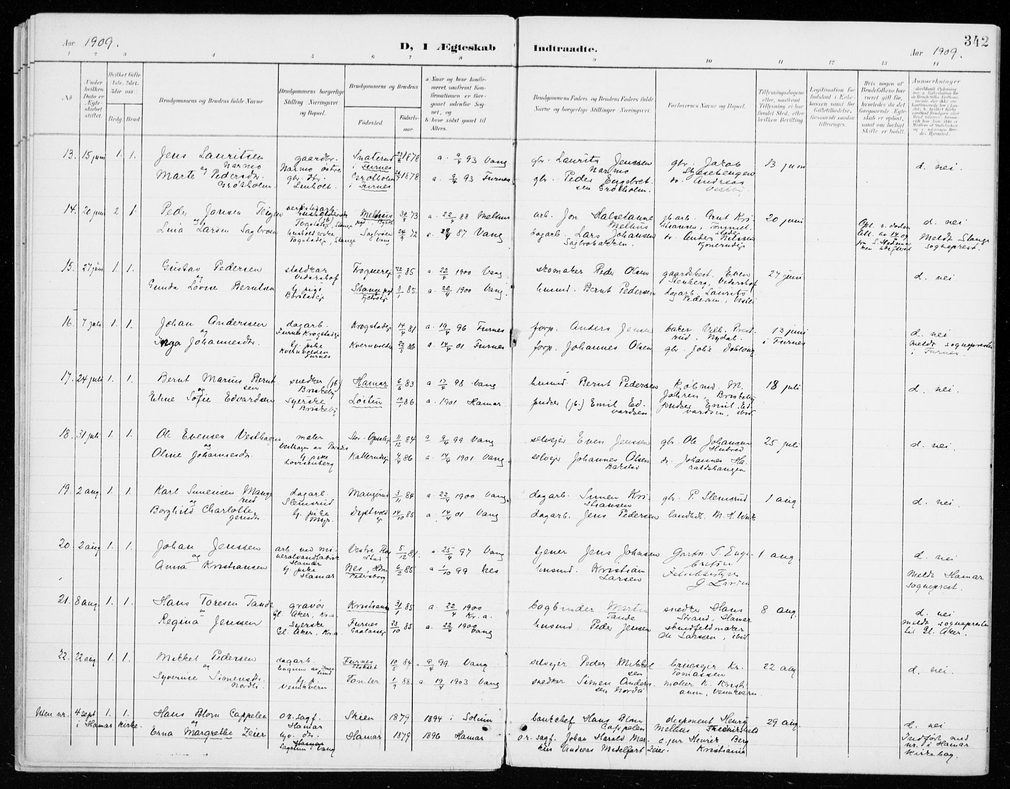 Vang prestekontor, Hedmark, AV/SAH-PREST-008/H/Ha/Haa/L0021: Parish register (official) no. 21, 1902-1917, p. 342