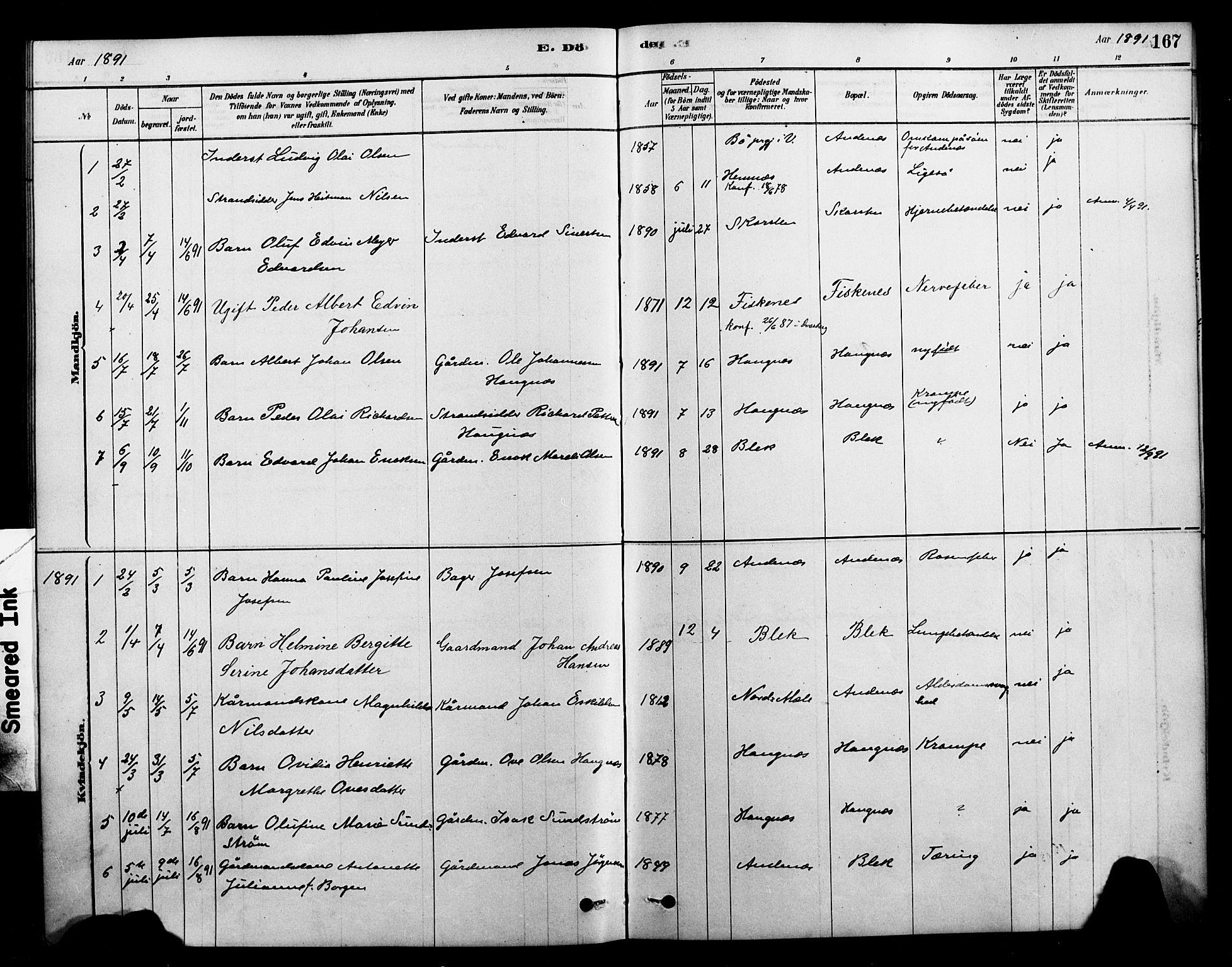 Ministerialprotokoller, klokkerbøker og fødselsregistre - Nordland, SAT/A-1459/899/L1436: Parish register (official) no. 899A04, 1881-1896, p. 167