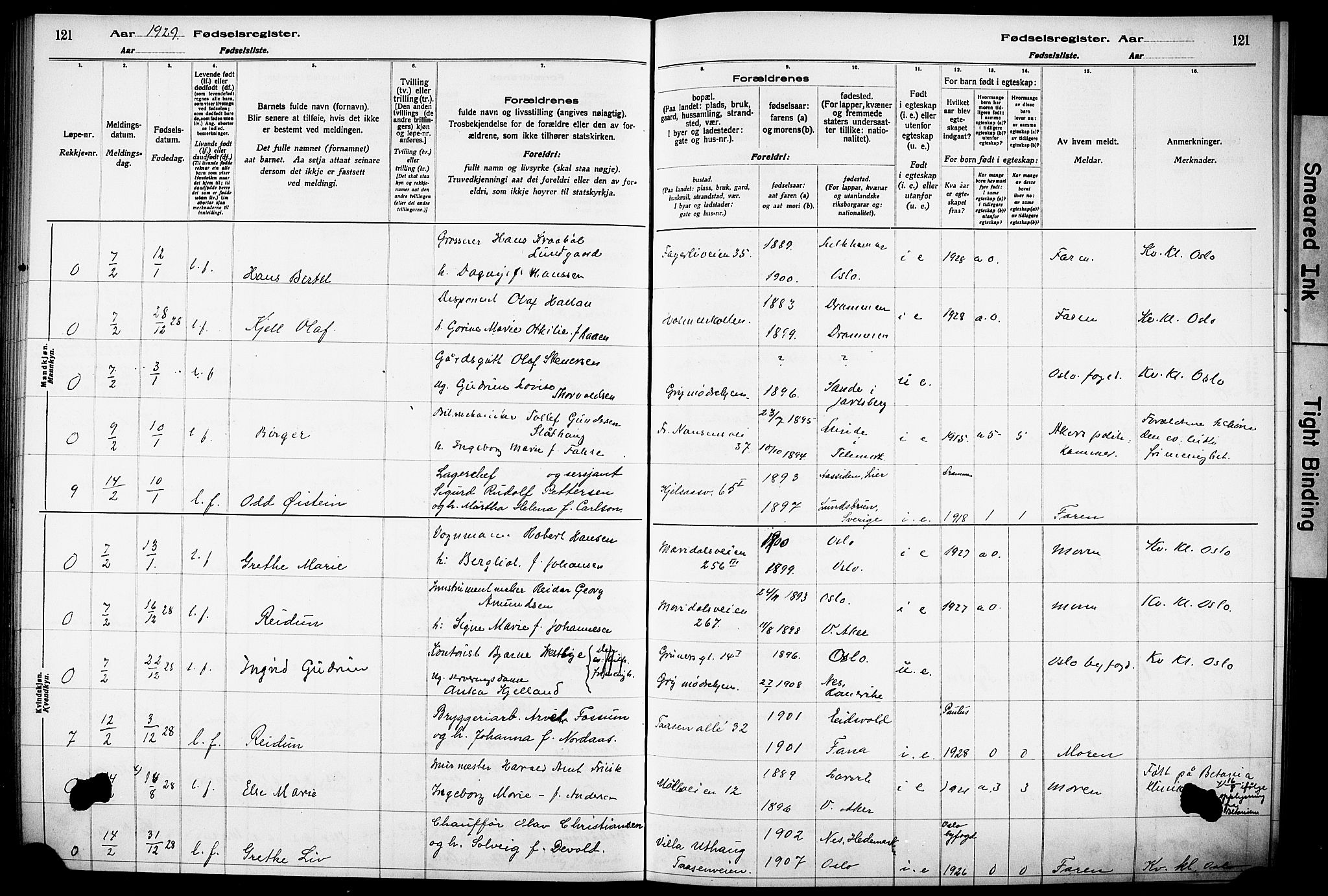 Vestre Aker prestekontor Kirkebøker, AV/SAO-A-10025/J/Ja/L0003: Birth register no. 3, 1926-1930, p. 121