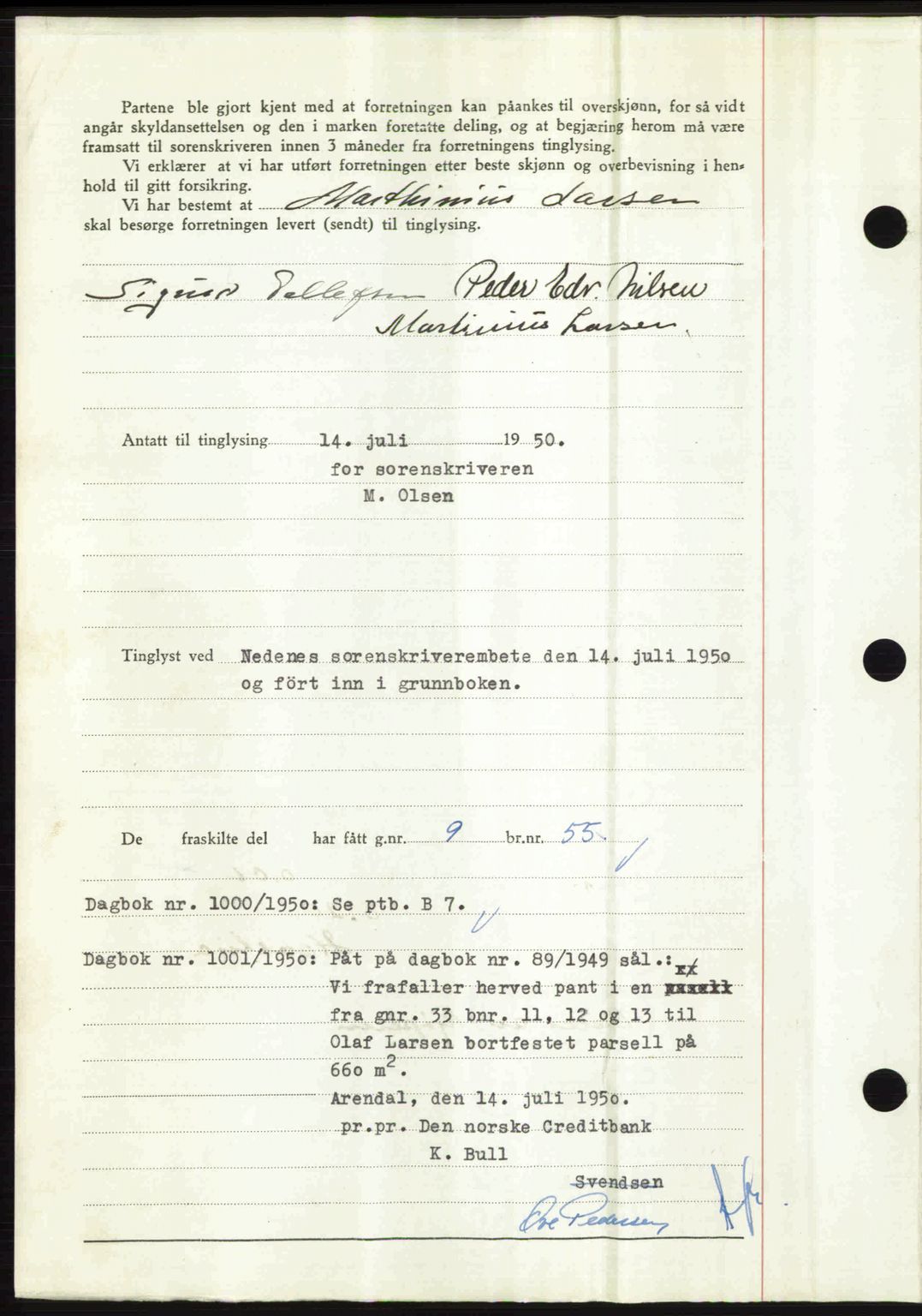 Nedenes sorenskriveri, SAK/1221-0006/G/Gb/Gba/L0063: Mortgage book no. A15, 1950-1950, Diary no: : 999/1950