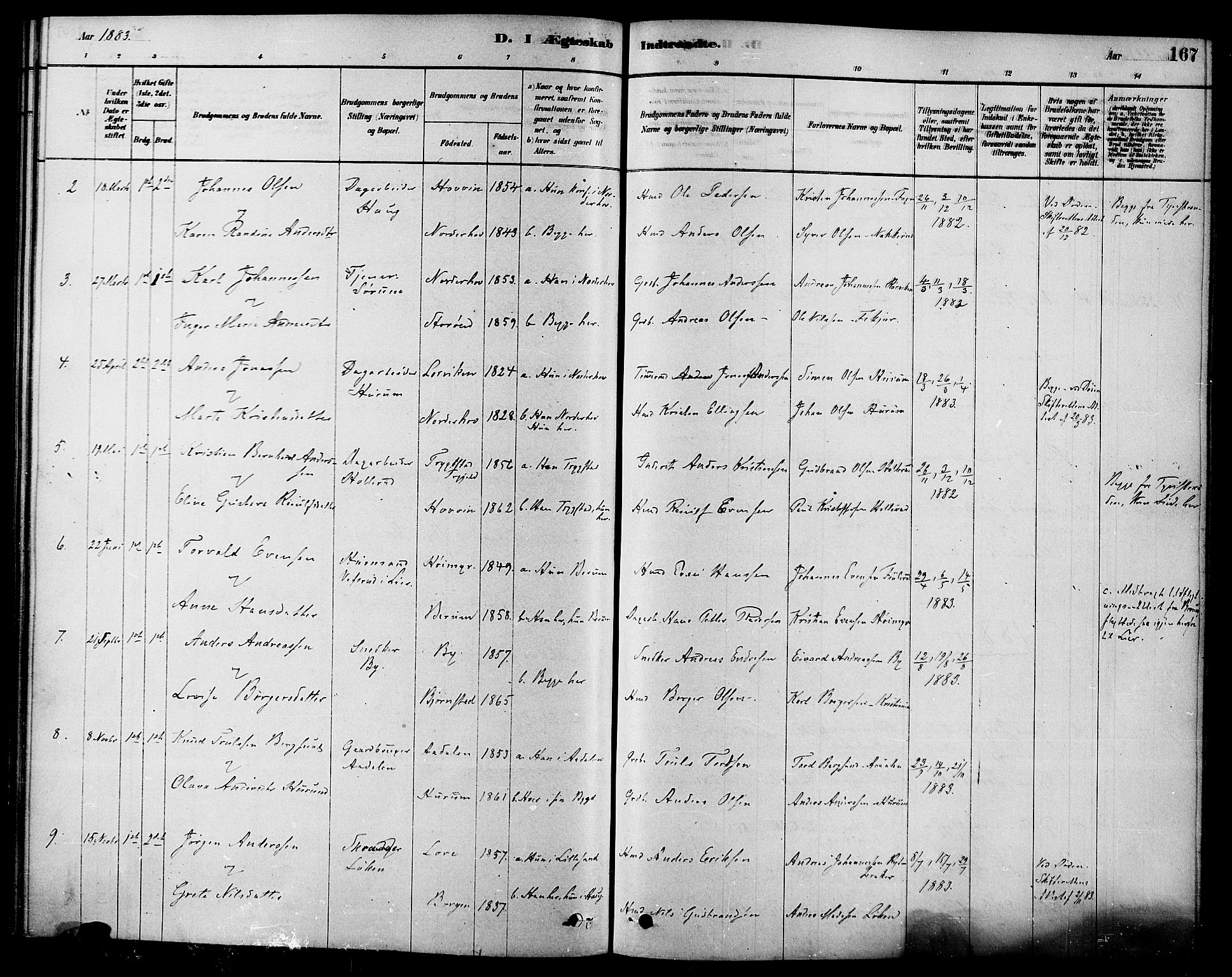 Hole kirkebøker, SAKO/A-228/F/Fa/L0008: Parish register (official) no. I 8, 1878-1891, p. 167
