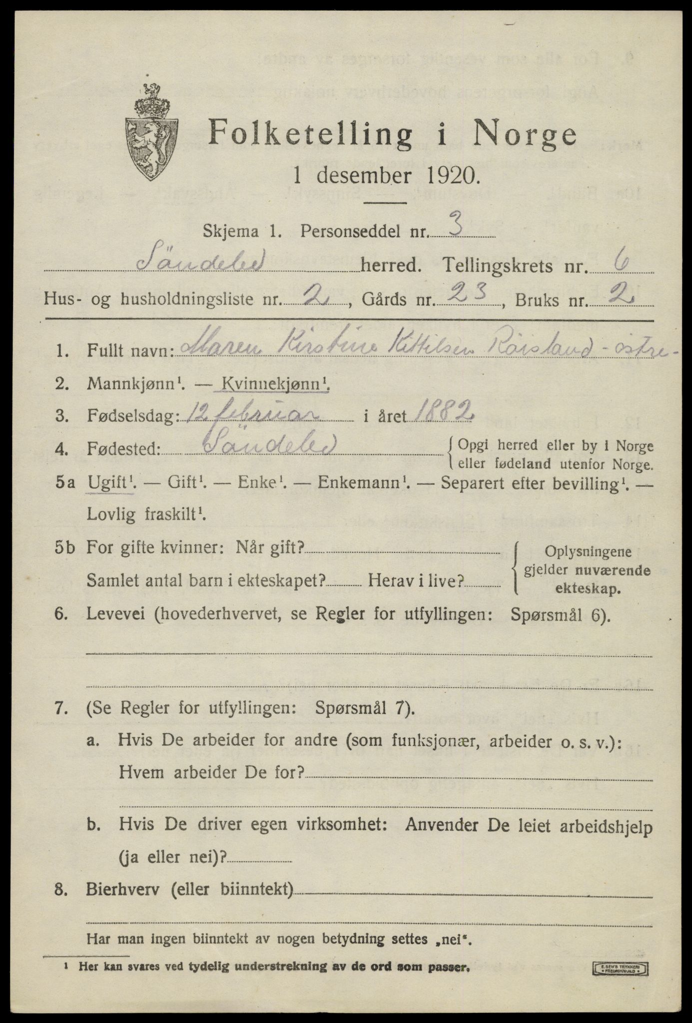 SAK, 1920 census for Søndeled, 1920, p. 3713
