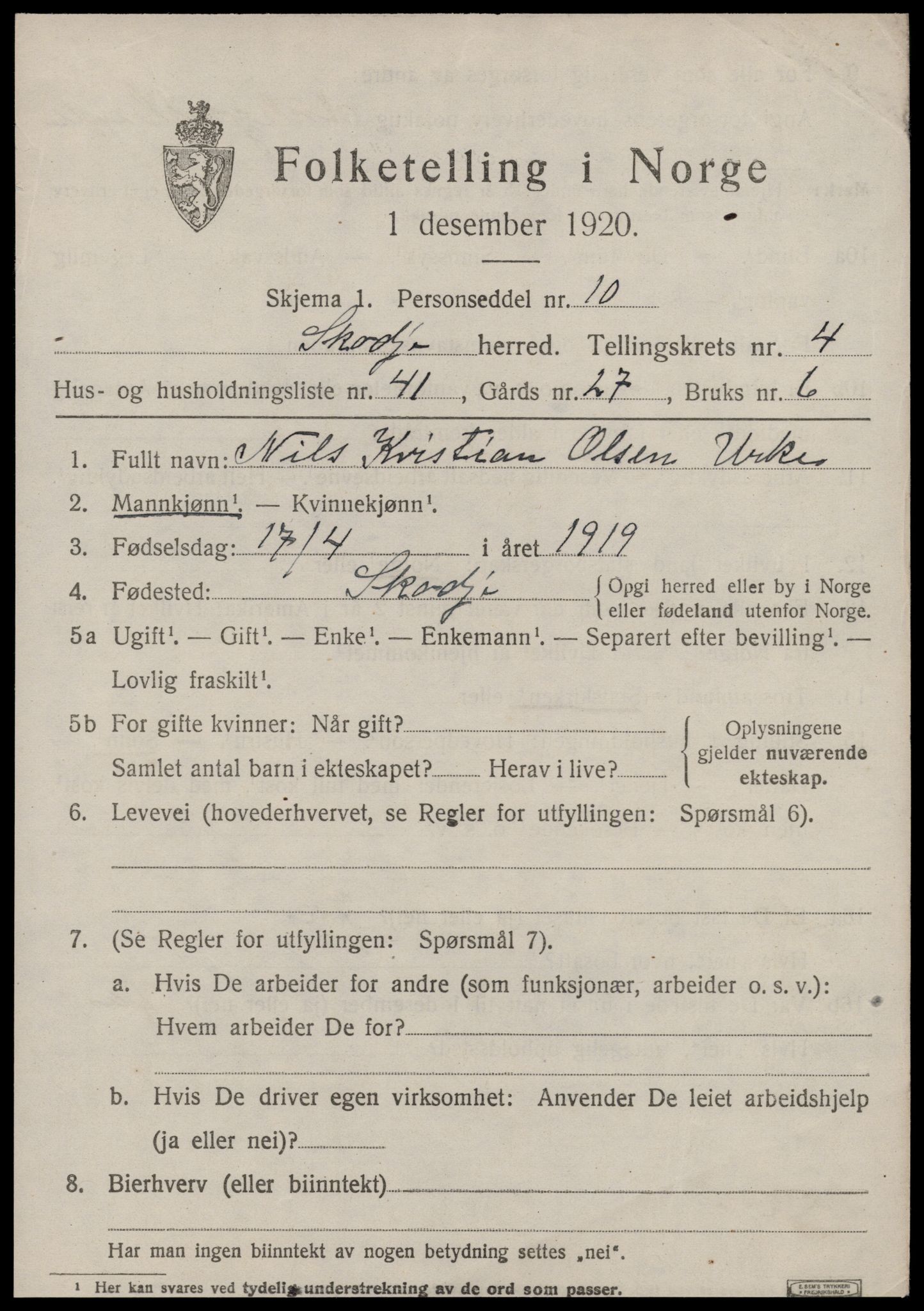 SAT, 1920 census for Skodje, 1920, p. 2295