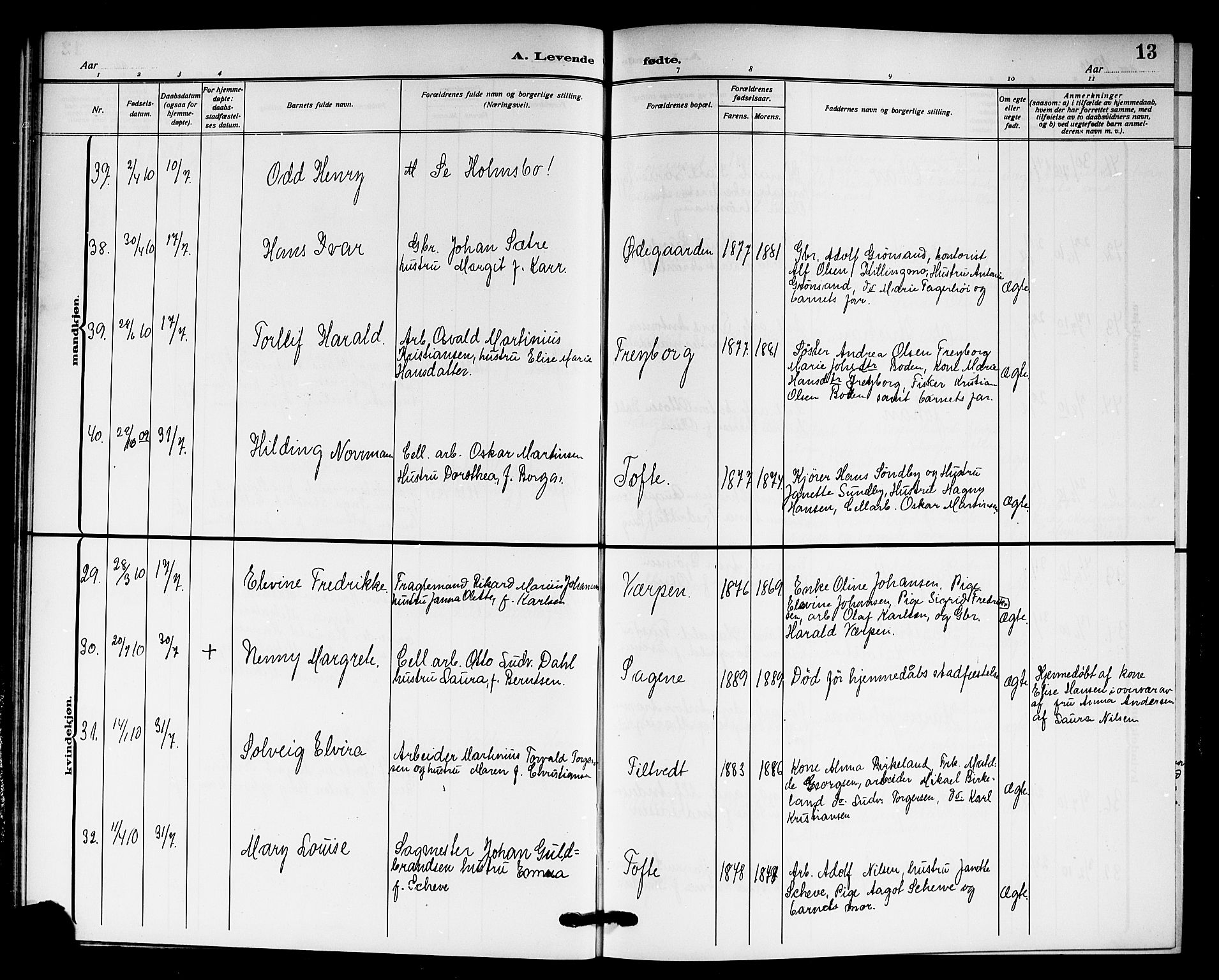 Hurum kirkebøker, AV/SAKO-A-229/G/Ga/L0005: Parish register (copy) no. I 5, 1908-1922, p. 13