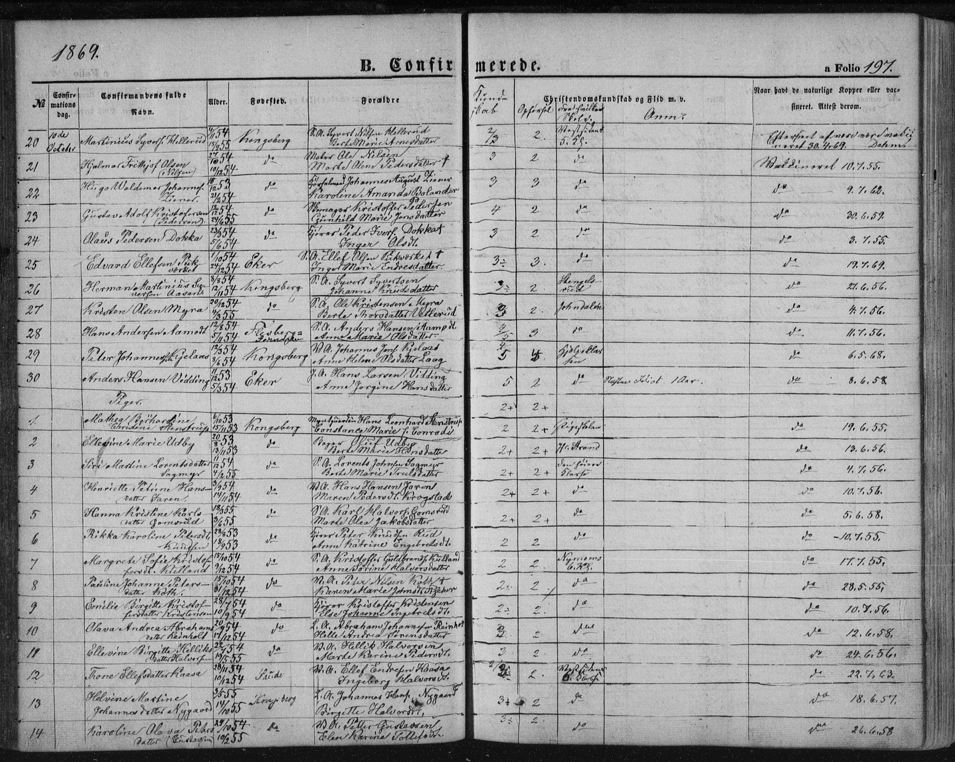 Kongsberg kirkebøker, SAKO/A-22/F/Fa/L0010: Parish register (official) no. I 10, 1859-1875, p. 197