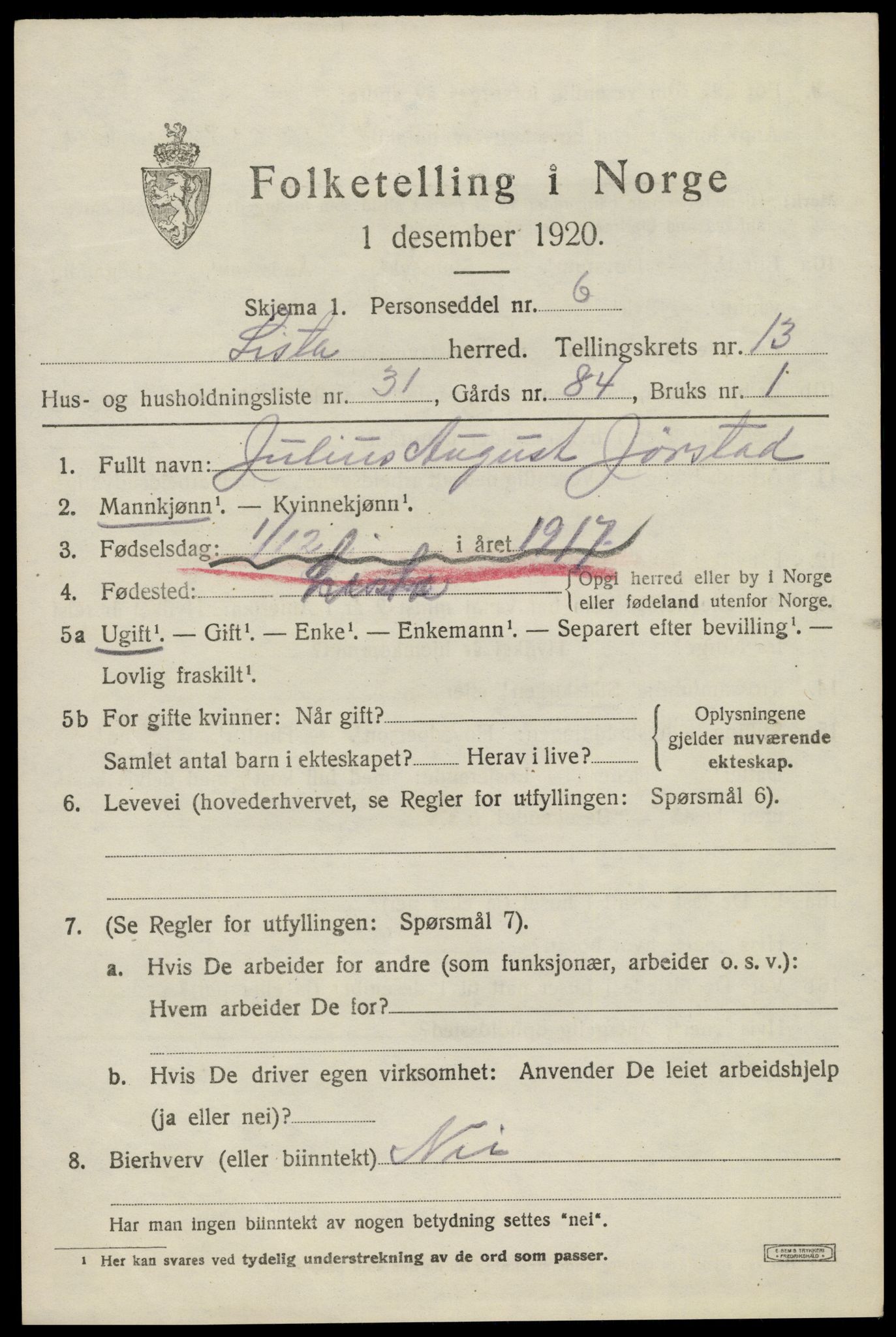 SAK, 1920 census for Lista, 1920, p. 12085