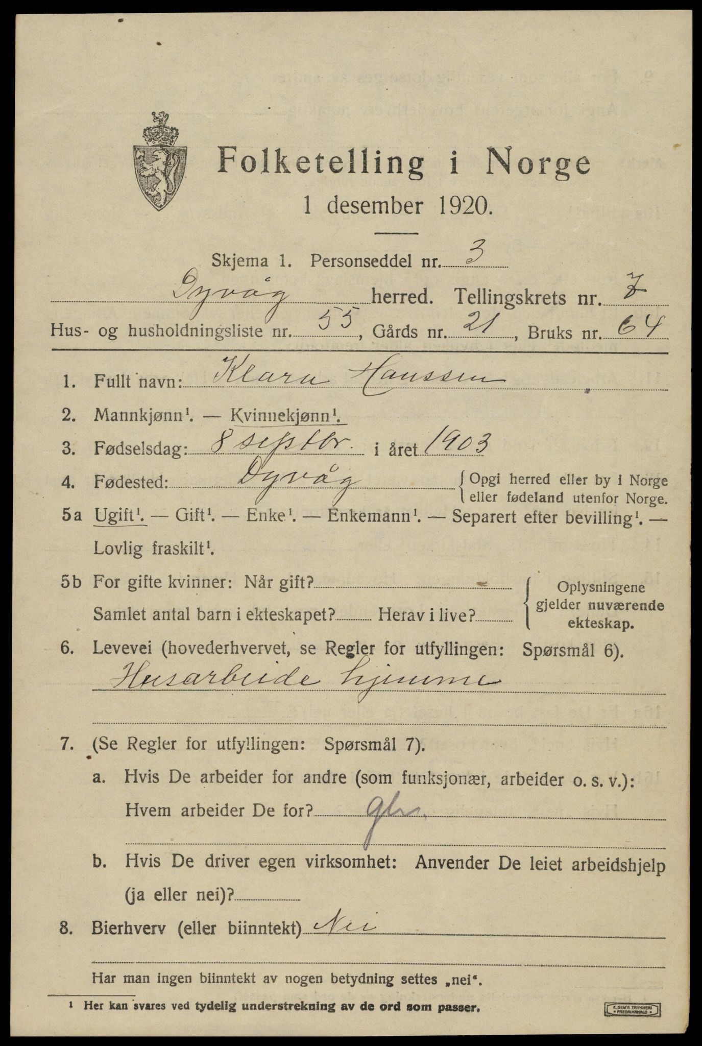 SAK, 1920 census for Dypvåg, 1920, p. 6211
