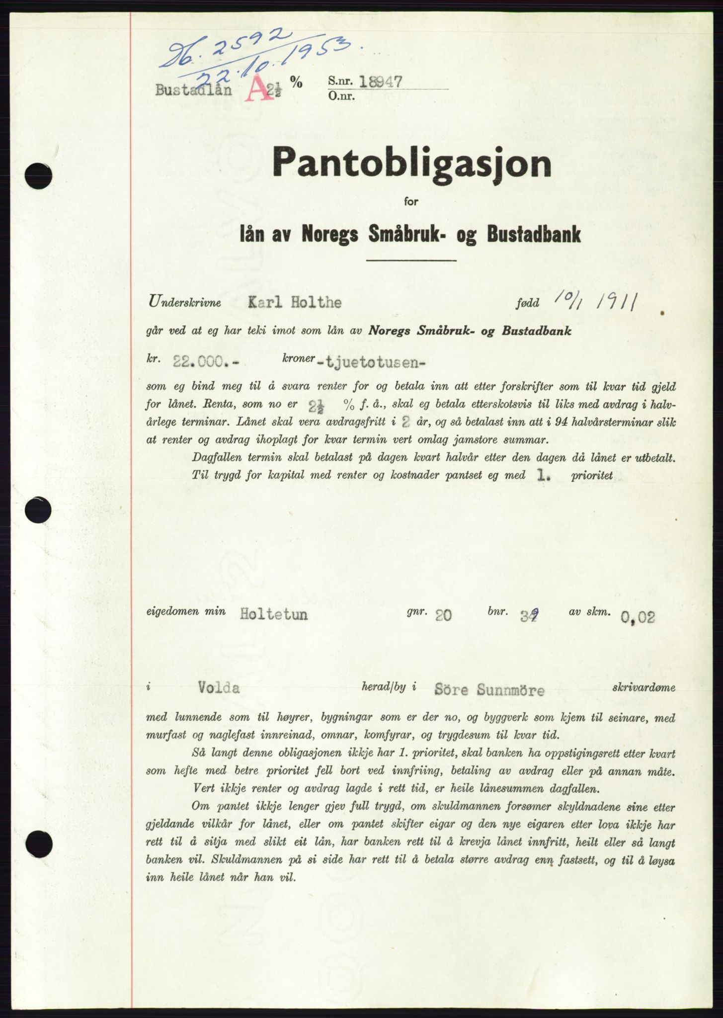 Søre Sunnmøre sorenskriveri, AV/SAT-A-4122/1/2/2C/L0124: Mortgage book no. 12B, 1953-1954, Diary no: : 2592/1953