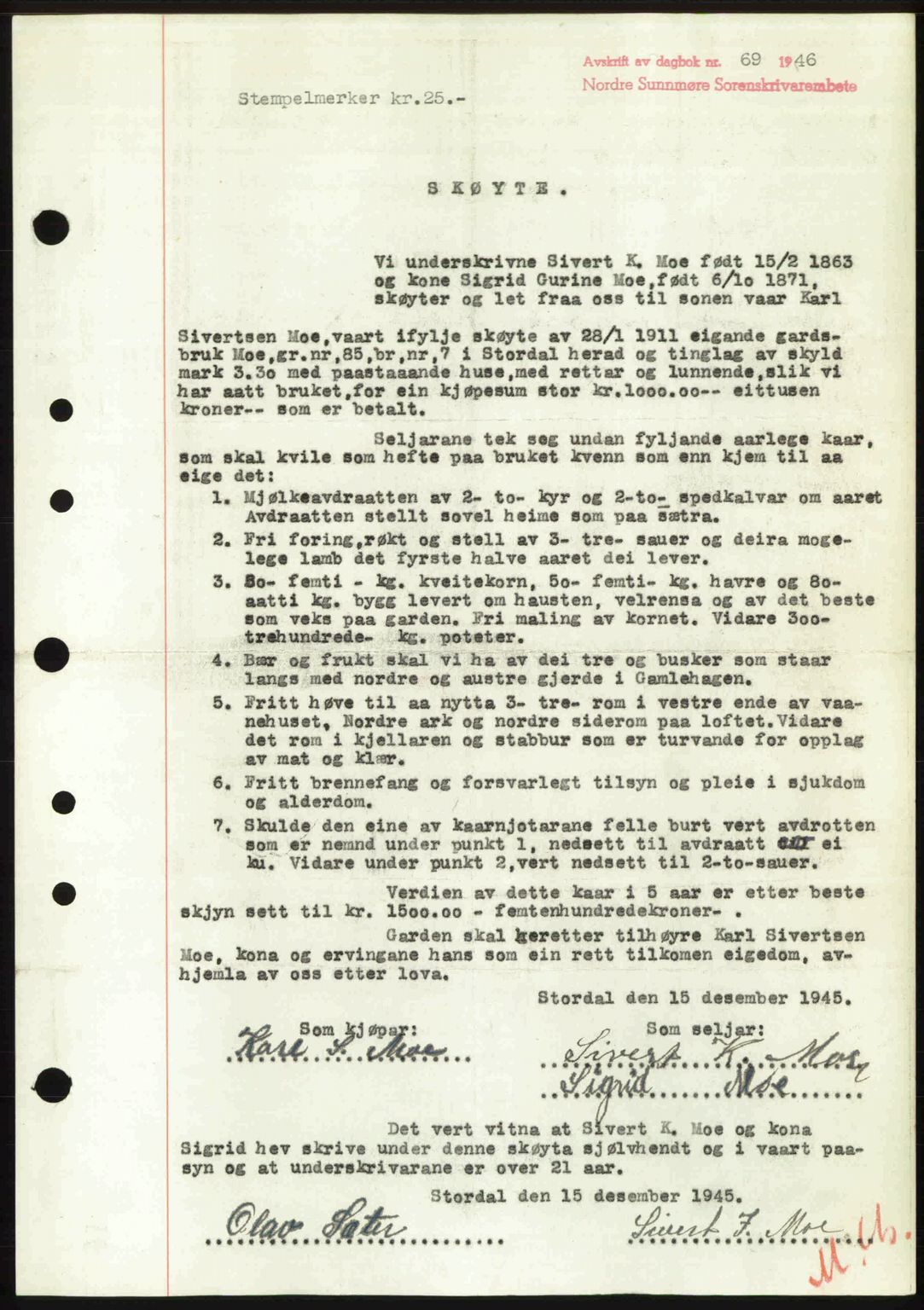 Nordre Sunnmøre sorenskriveri, AV/SAT-A-0006/1/2/2C/2Ca: Mortgage book no. A20b, 1946-1946, Diary no: : 69/1946