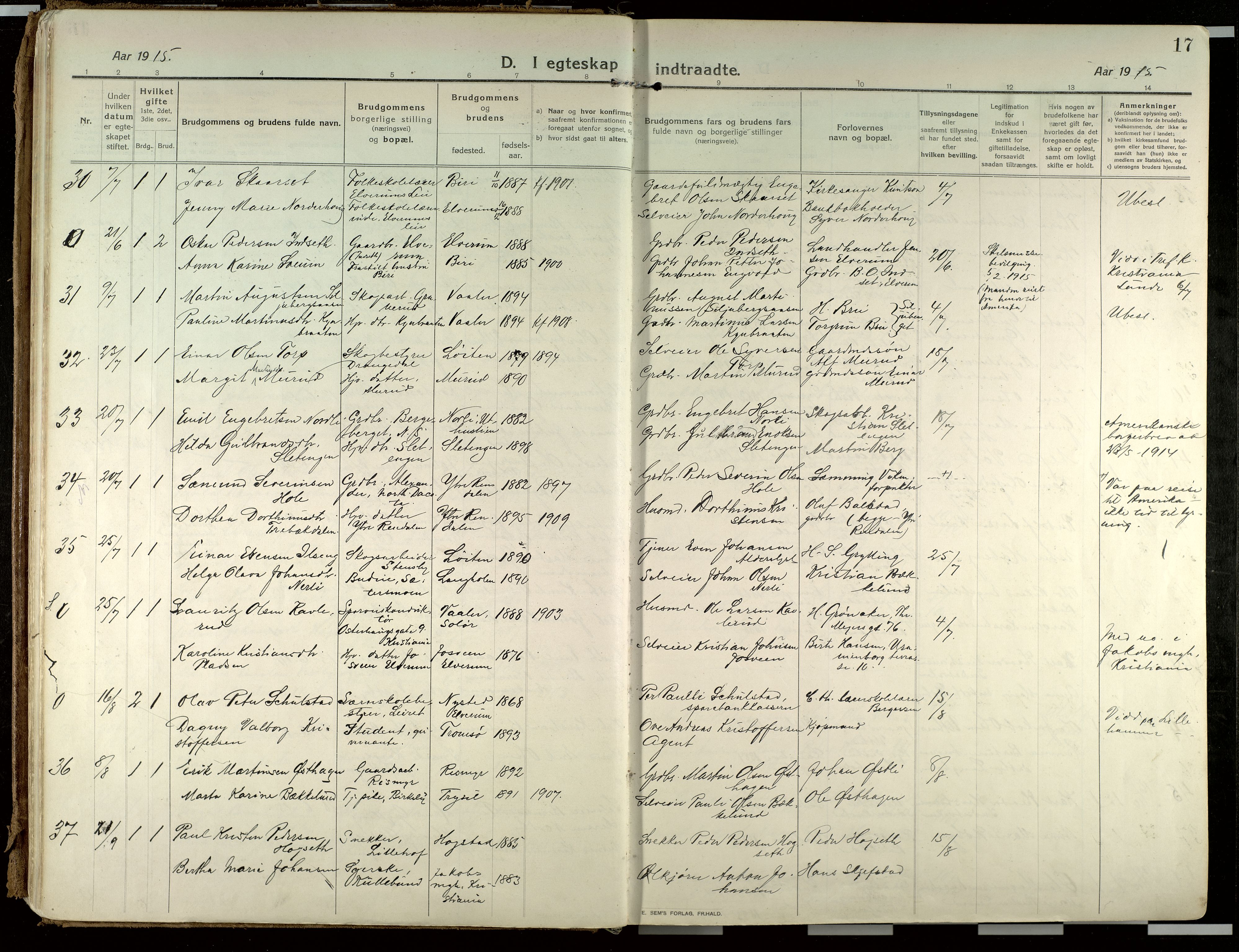 Elverum prestekontor, AV/SAH-PREST-044/H/Ha/Haa/L0021: Parish register (official) no. 21, 1913-1928, p. 17