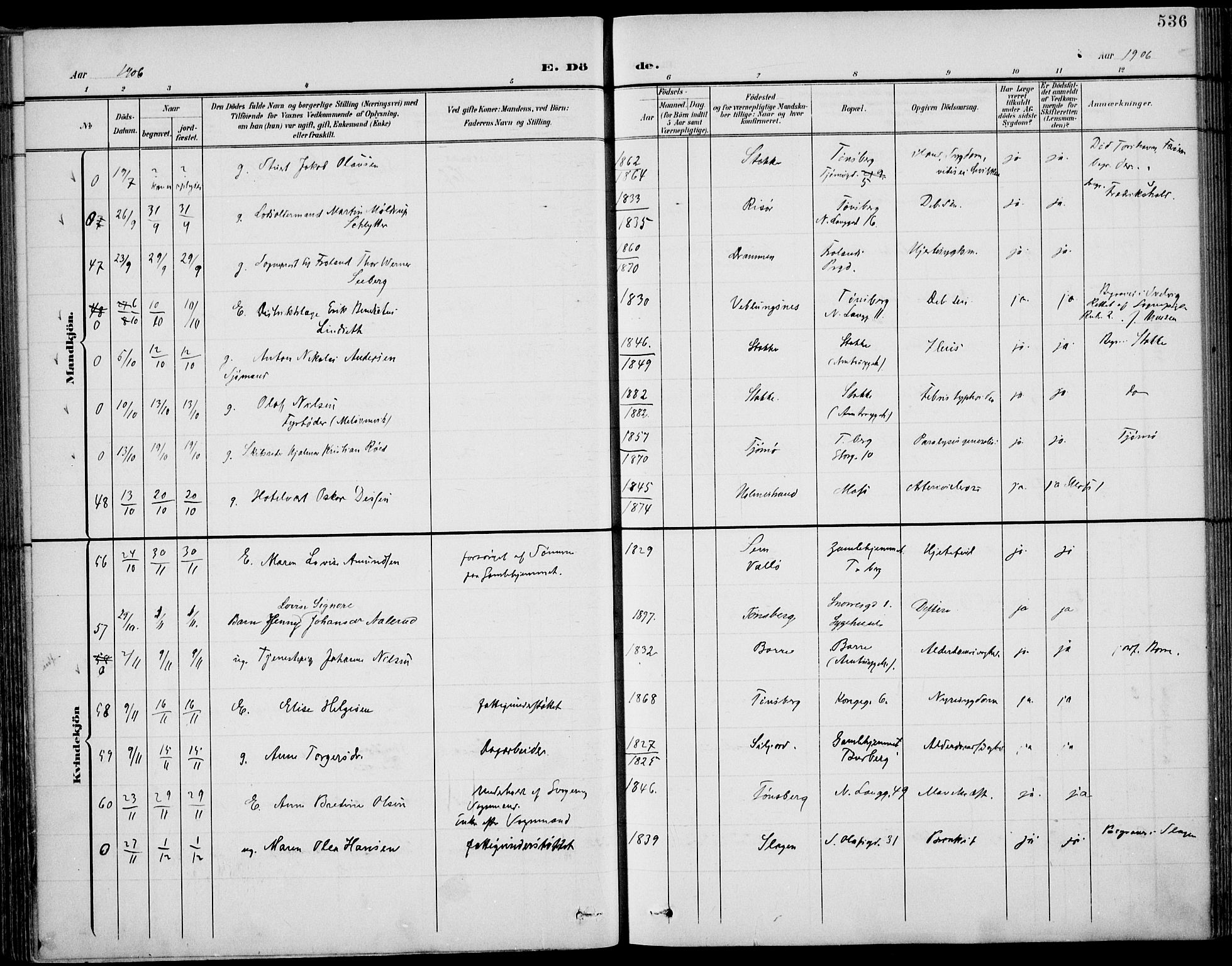 Tønsberg kirkebøker, AV/SAKO-A-330/F/Fa/L0013: Parish register (official) no. I 13, 1900-1913, p. 536