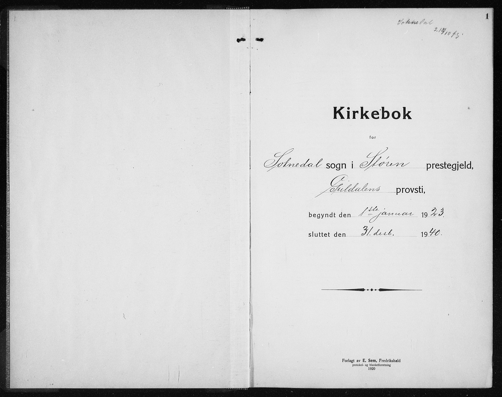 Ministerialprotokoller, klokkerbøker og fødselsregistre - Sør-Trøndelag, SAT/A-1456/689/L1045: Parish register (copy) no. 689C04, 1923-1940, p. 1
