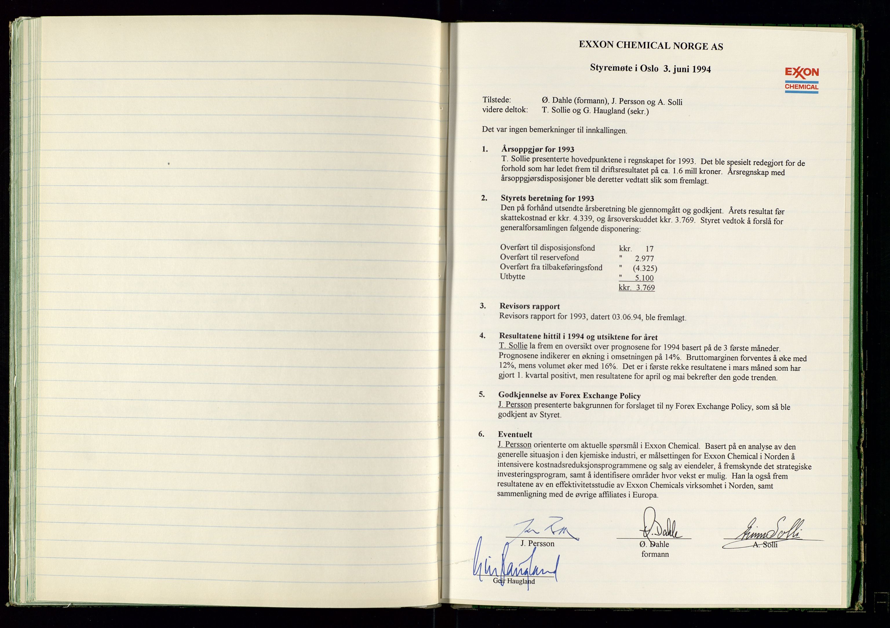 PA 1538 - Exxon Chemical Norge A/S, AV/SAST-A-101958/A/Aa/L0001/0001: Generalforsamlinger og styreprotokoller / Styreprotokoll, 1966-1996