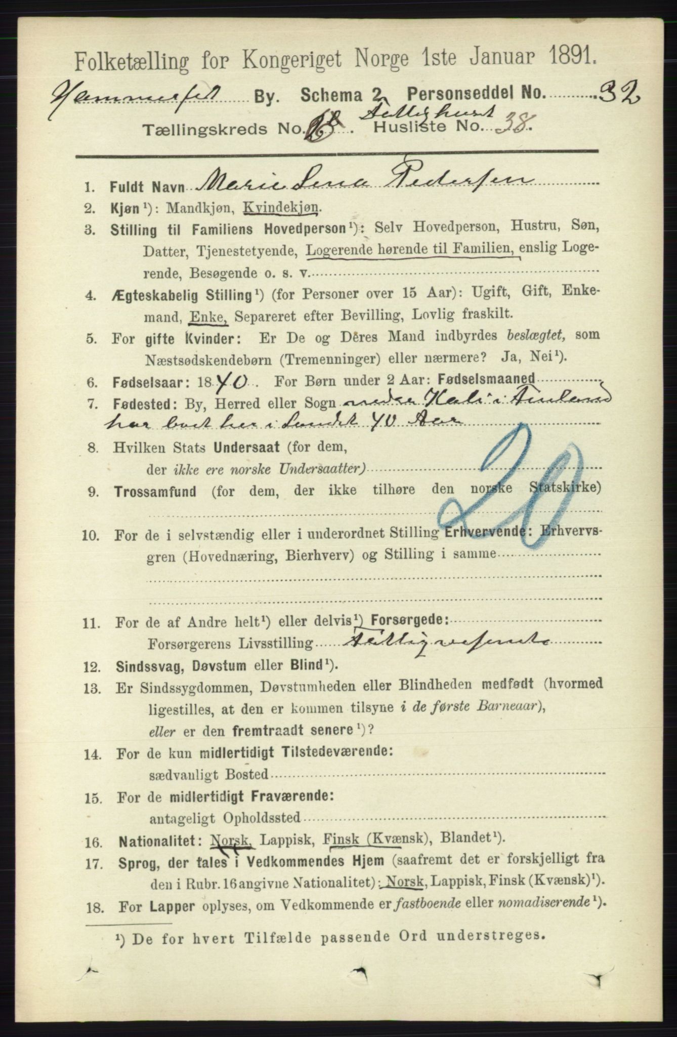 RA, 1891 census for 2001 Hammerfest, 1891, p. 2199