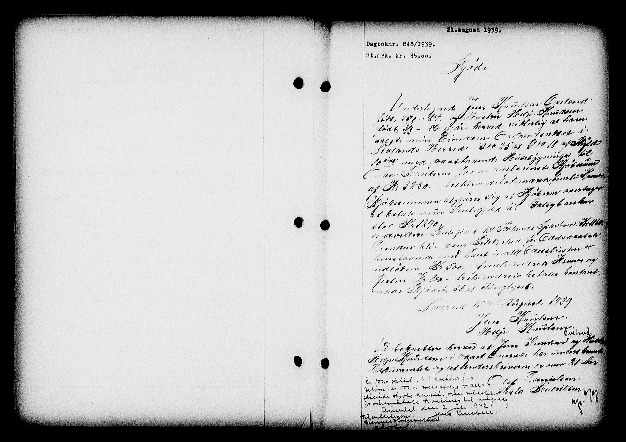 Nedenes sorenskriveri, SAK/1221-0006/G/Gb/Gba/L0047: Mortgage book no. A-I, 1939-1940, Diary no: : 848/1939