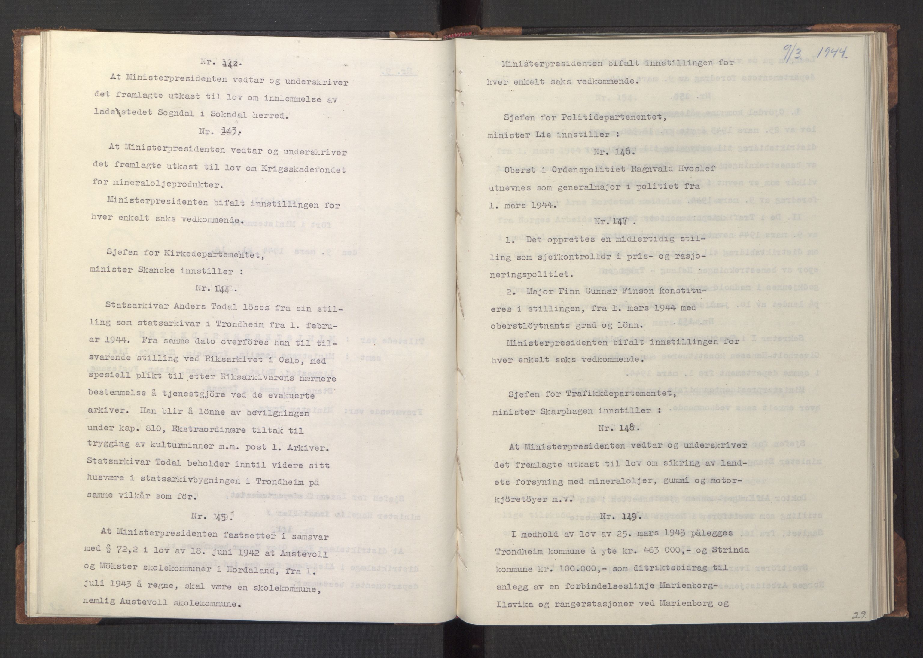 NS-administrasjonen 1940-1945 (Statsrådsekretariatet, de kommisariske statsråder mm), RA/S-4279/D/Da/L0005: Protokoll fra ministermøter, 1944, p. 31