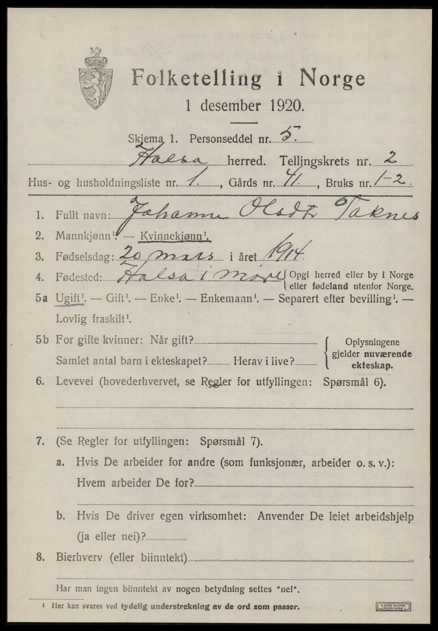 SAT, 1920 census for Halsa, 1920, p. 906