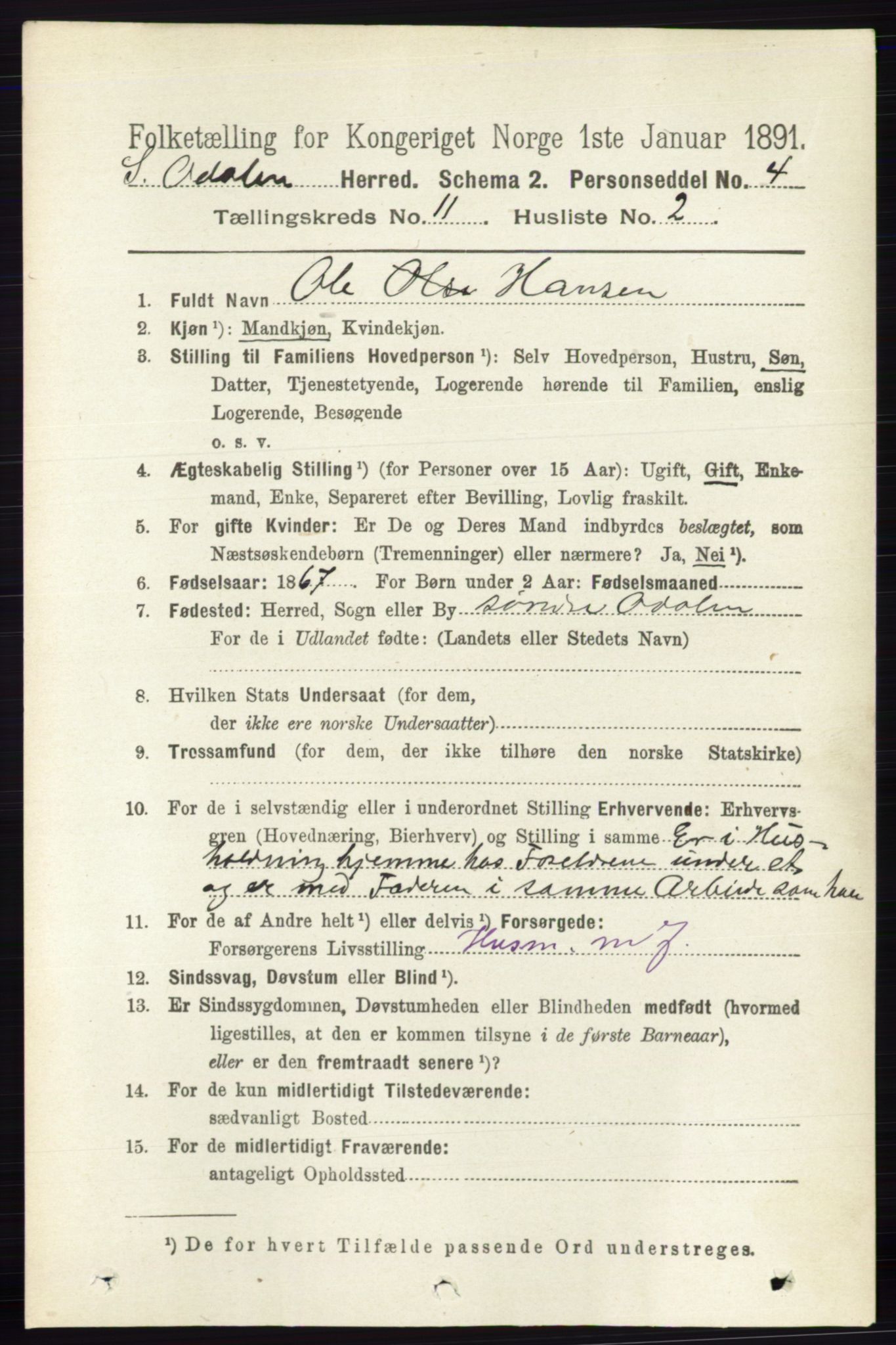 RA, 1891 census for 0419 Sør-Odal, 1891, p. 4910