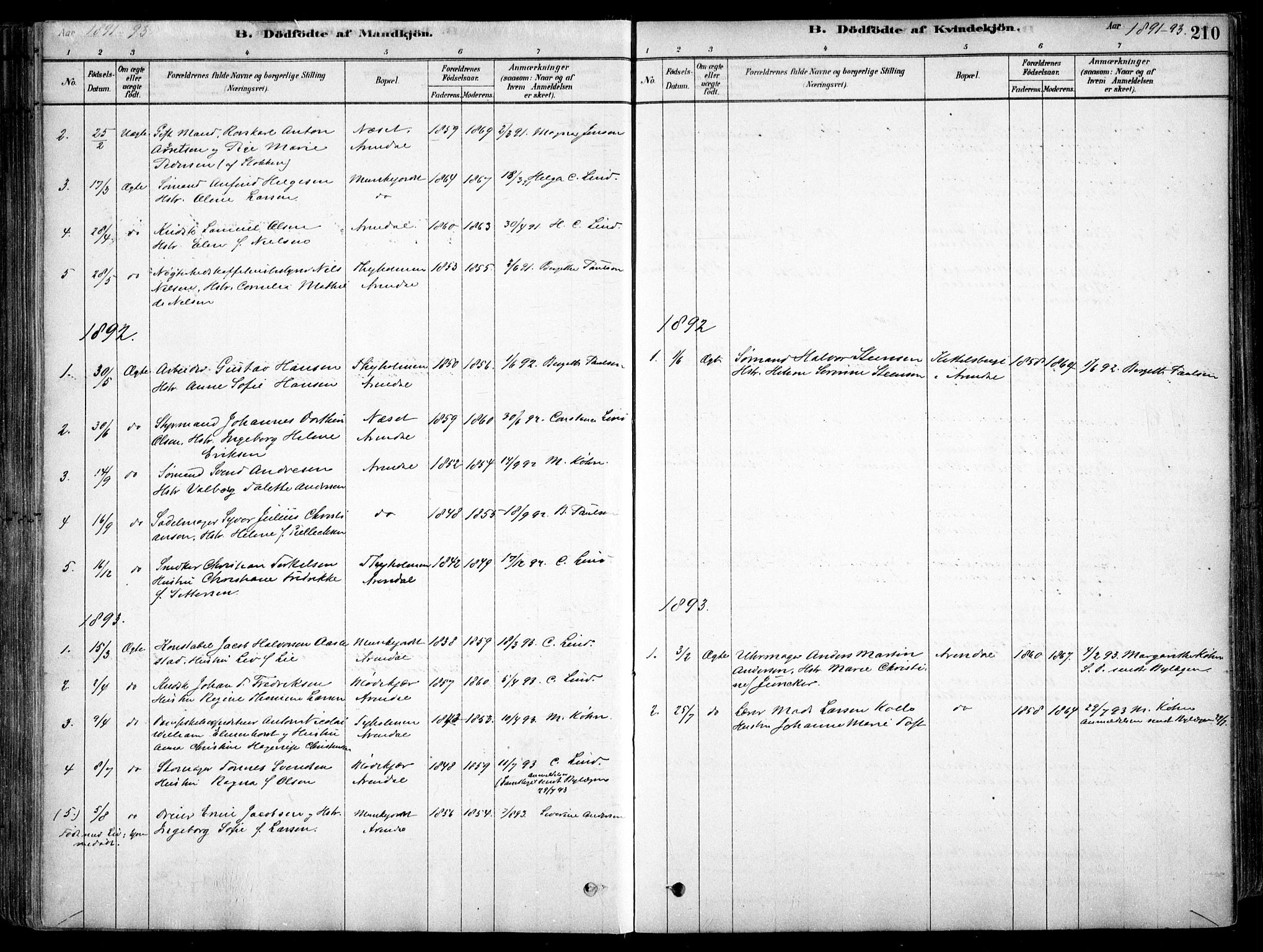 Arendal sokneprestkontor, Trefoldighet, SAK/1111-0040/F/Fa/L0008: Parish register (official) no. A 8, 1878-1899, p. 210