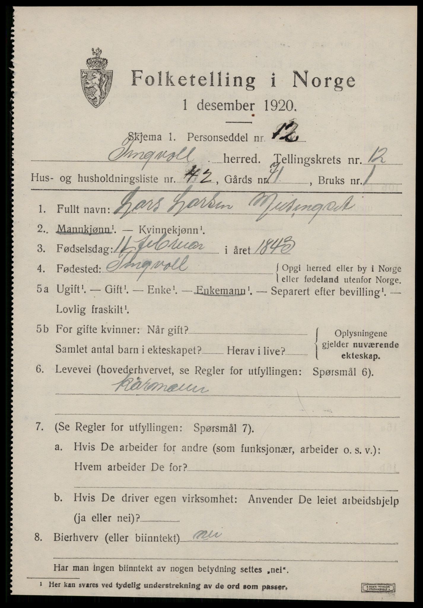 SAT, 1920 census for Tingvoll, 1920, p. 6604