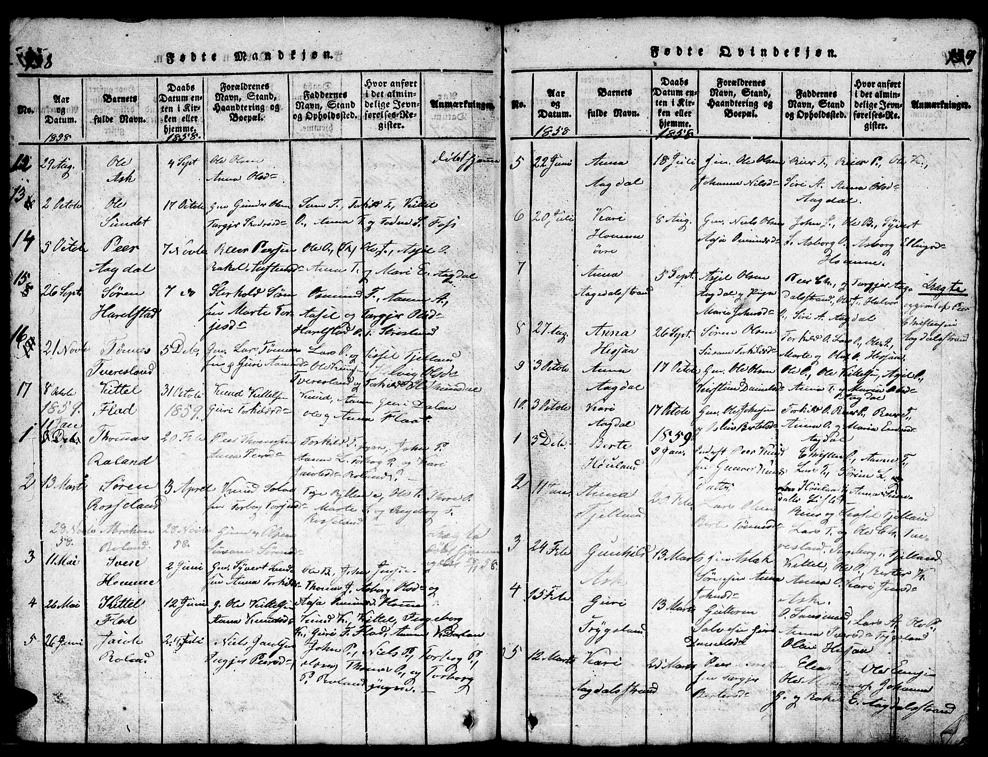 Bjelland sokneprestkontor, AV/SAK-1111-0005/F/Fb/Fba/L0003: Parish register (copy) no. B 3, 1816-1870, p. 138-139