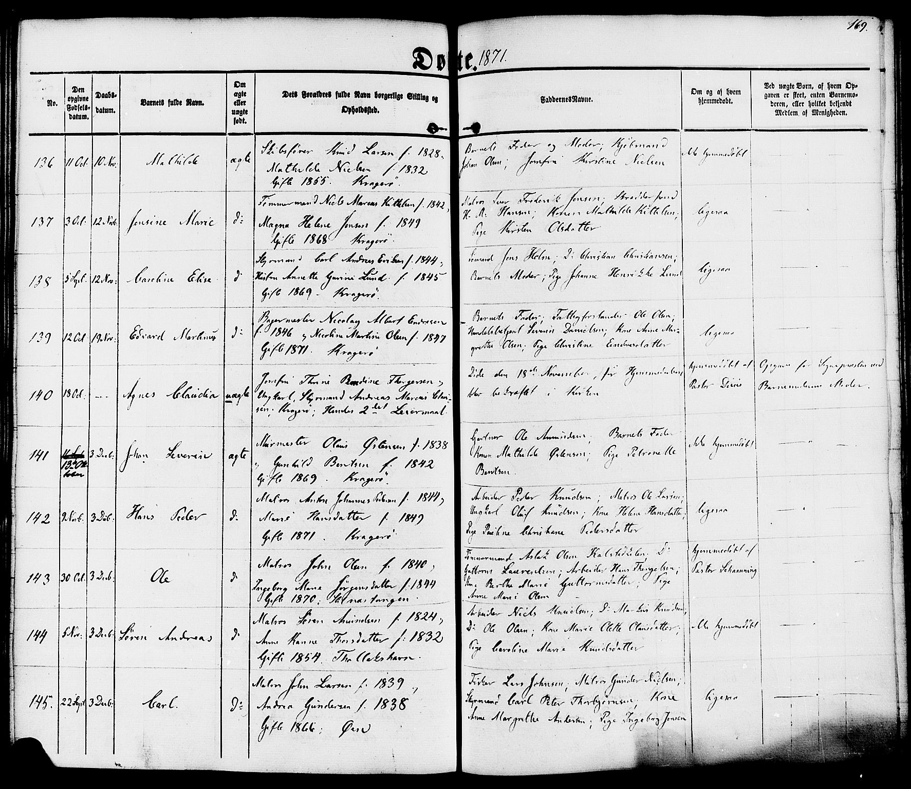 Kragerø kirkebøker, SAKO/A-278/F/Fa/L0007: Parish register (official) no. 7, 1861-1875, p. 169
