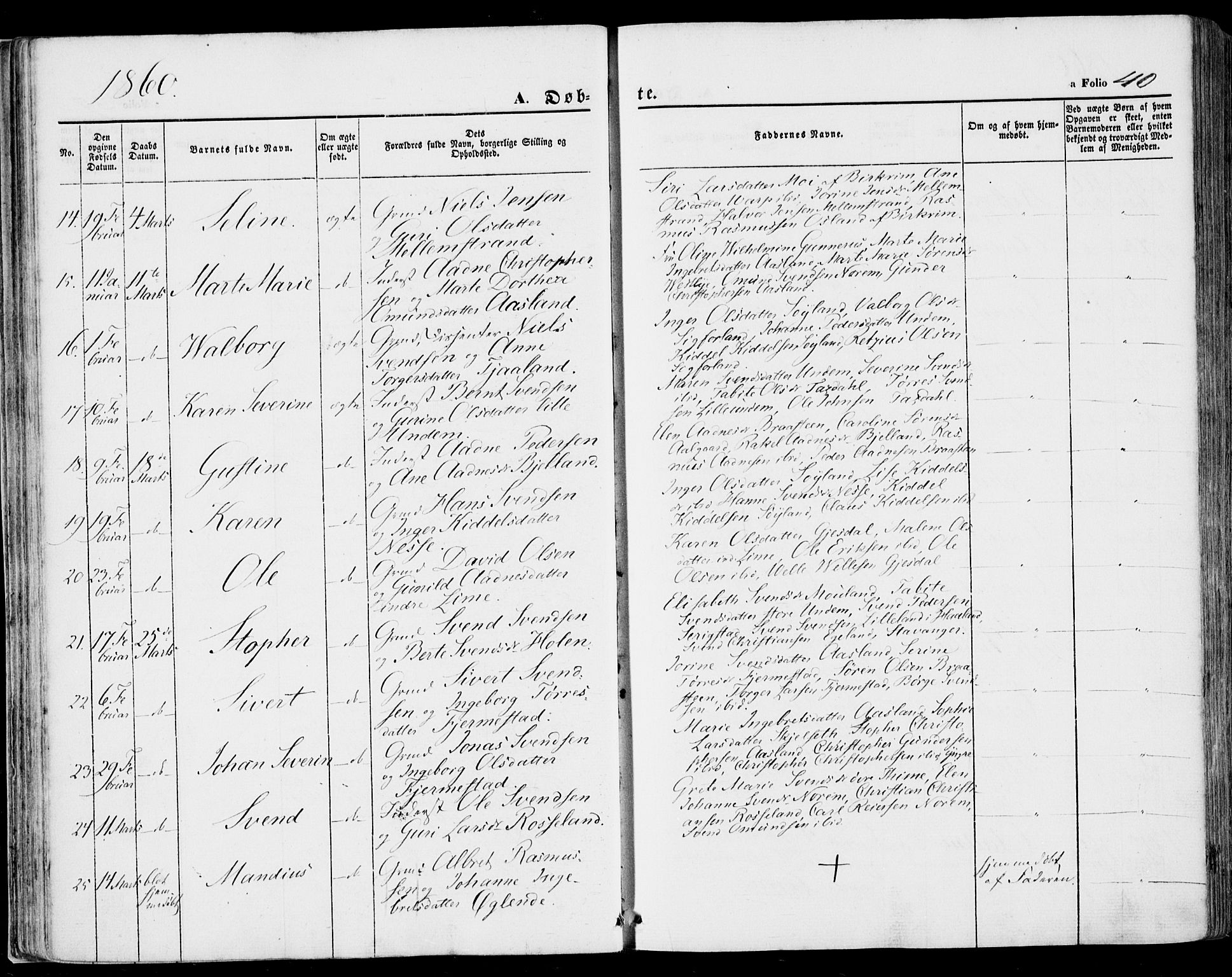 Lye sokneprestkontor, AV/SAST-A-101794/001/30BA/L0007: Parish register (official) no. A 6, 1856-1871, p. 40