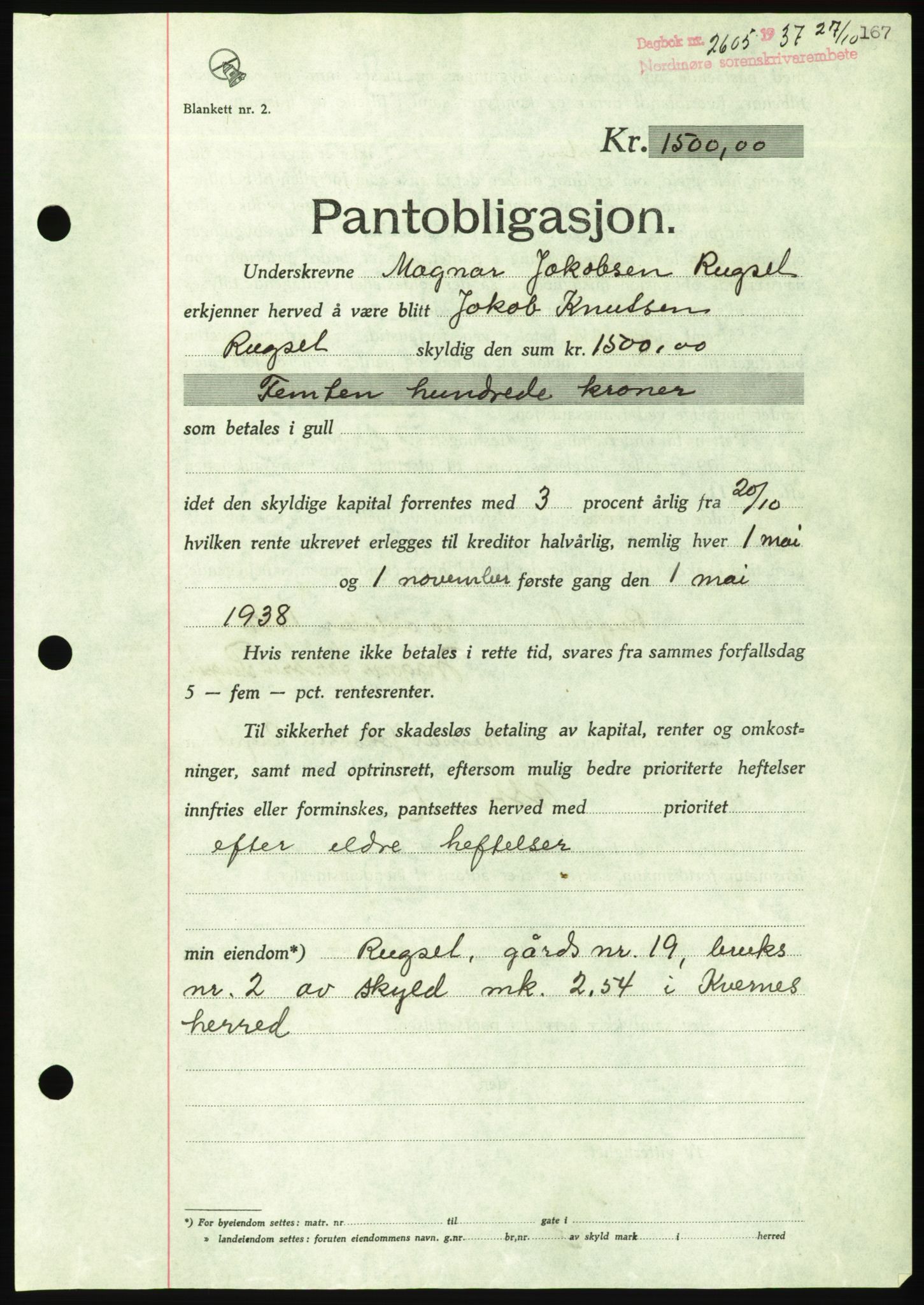 Nordmøre sorenskriveri, AV/SAT-A-4132/1/2/2Ca/L0092: Mortgage book no. B82, 1937-1938, Diary no: : 2605/1937