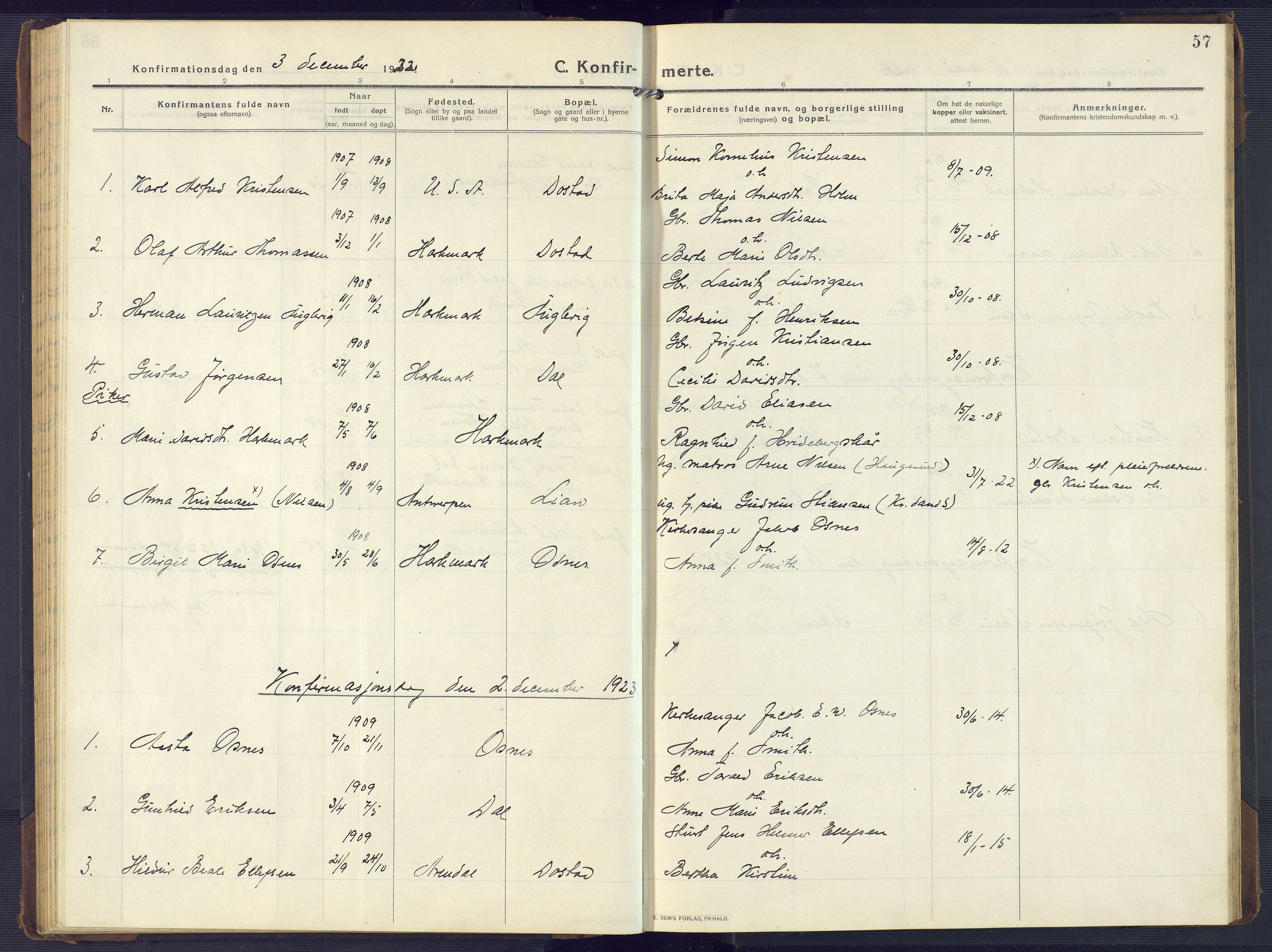 Mandal sokneprestkontor, AV/SAK-1111-0030/F/Fb/Fbb/L0005: Parish register (copy) no. B 5, 1913-1957, p. 57