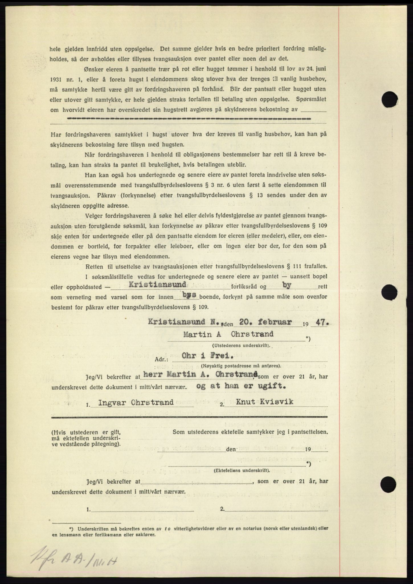 Nordmøre sorenskriveri, AV/SAT-A-4132/1/2/2Ca: Mortgage book no. B95, 1946-1947, Diary no: : 463/1947