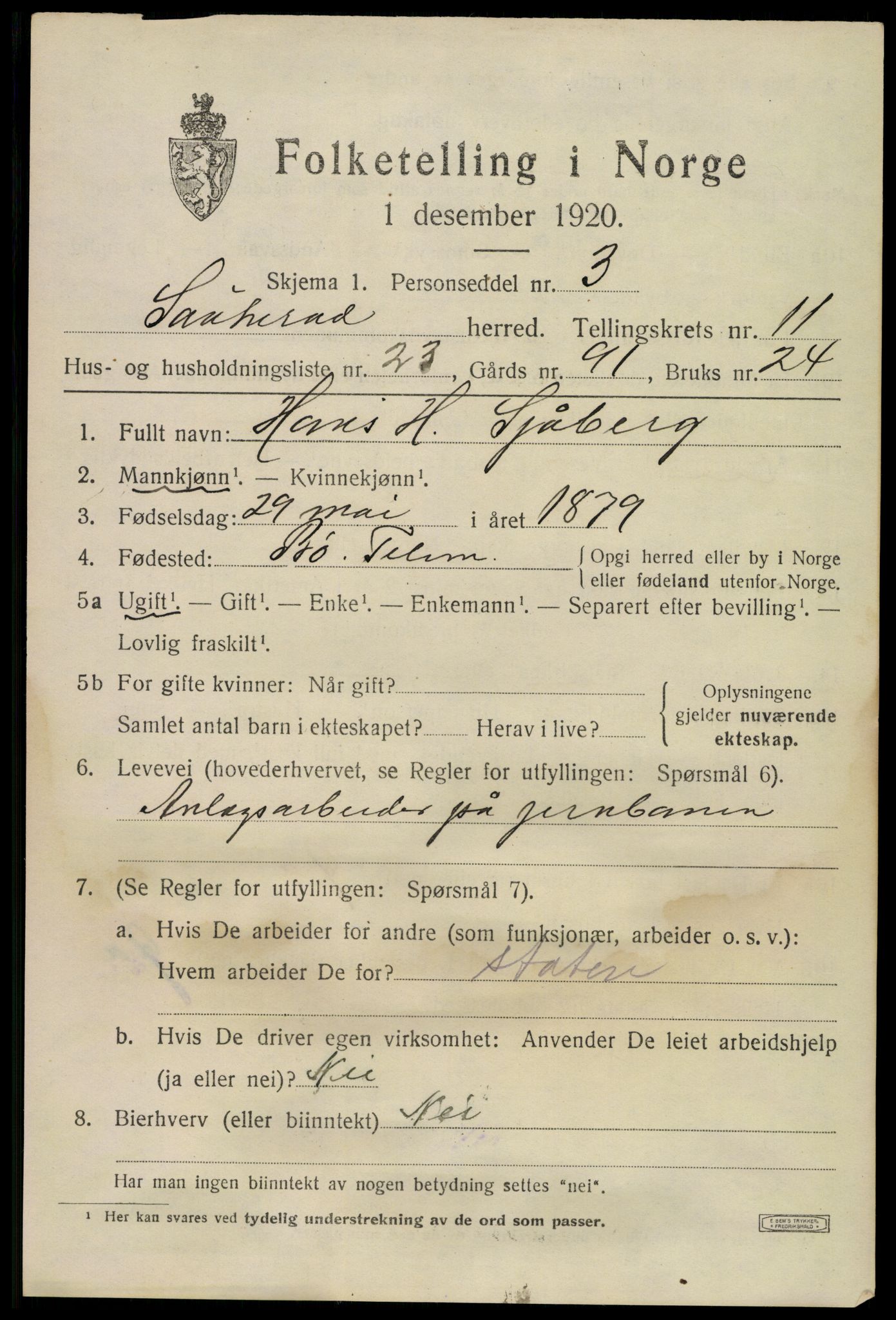 SAKO, 1920 census for Sauherad, 1920, p. 8288