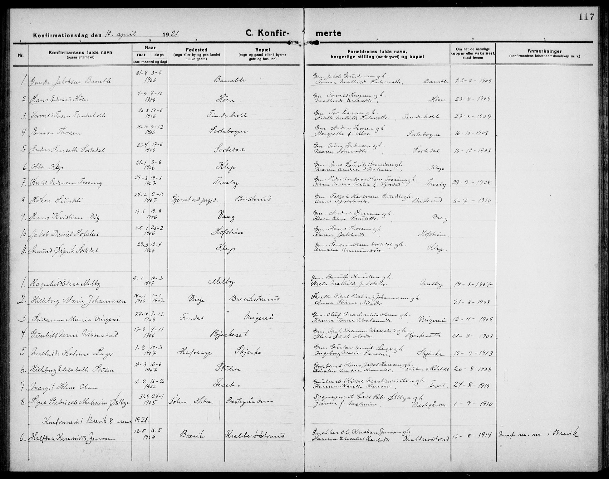 Bamble kirkebøker, AV/SAKO-A-253/G/Ga/L0011: Parish register (copy) no. I 11, 1920-1935, p. 117