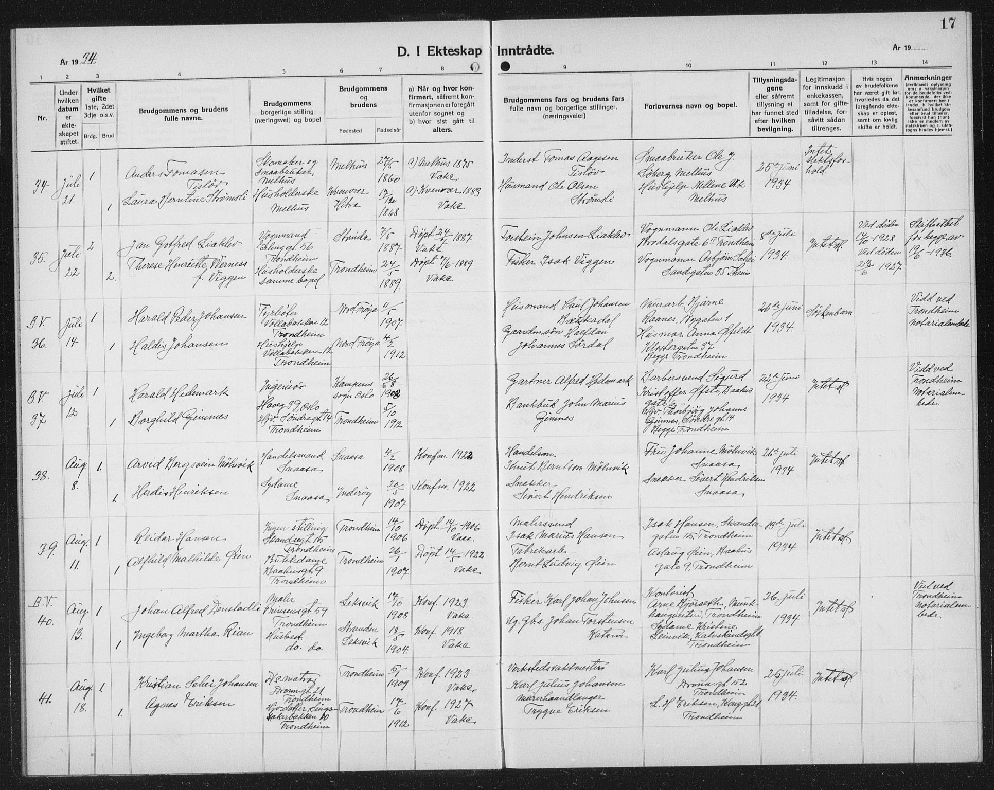 Ministerialprotokoller, klokkerbøker og fødselsregistre - Sør-Trøndelag, SAT/A-1456/602/L0152: Parish register (copy) no. 602C20, 1933-1940, p. 17