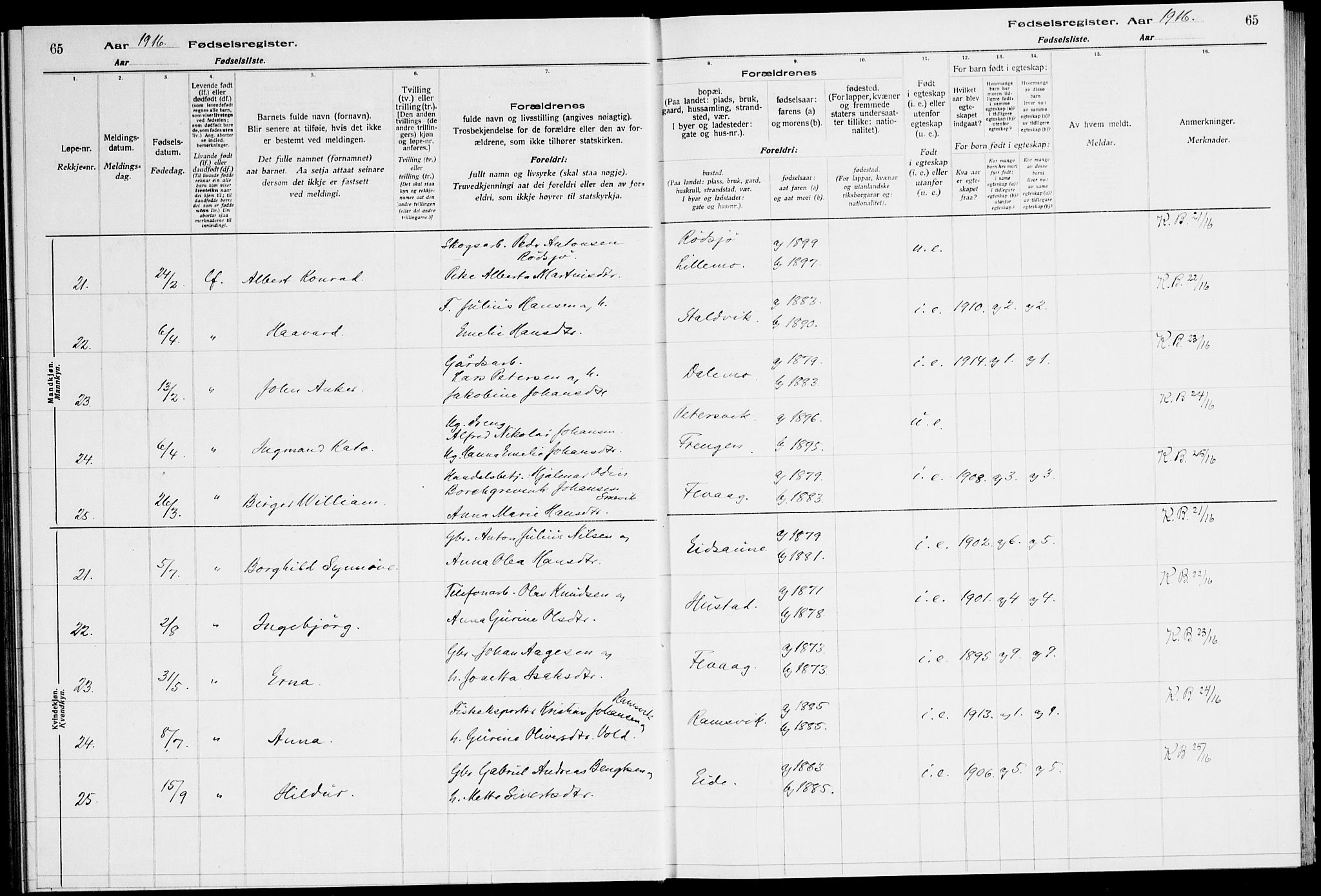 Ministerialprotokoller, klokkerbøker og fødselsregistre - Sør-Trøndelag, AV/SAT-A-1456/651/L0650: Birth register no. 651.II.4.1, 1916-1923, p. 65