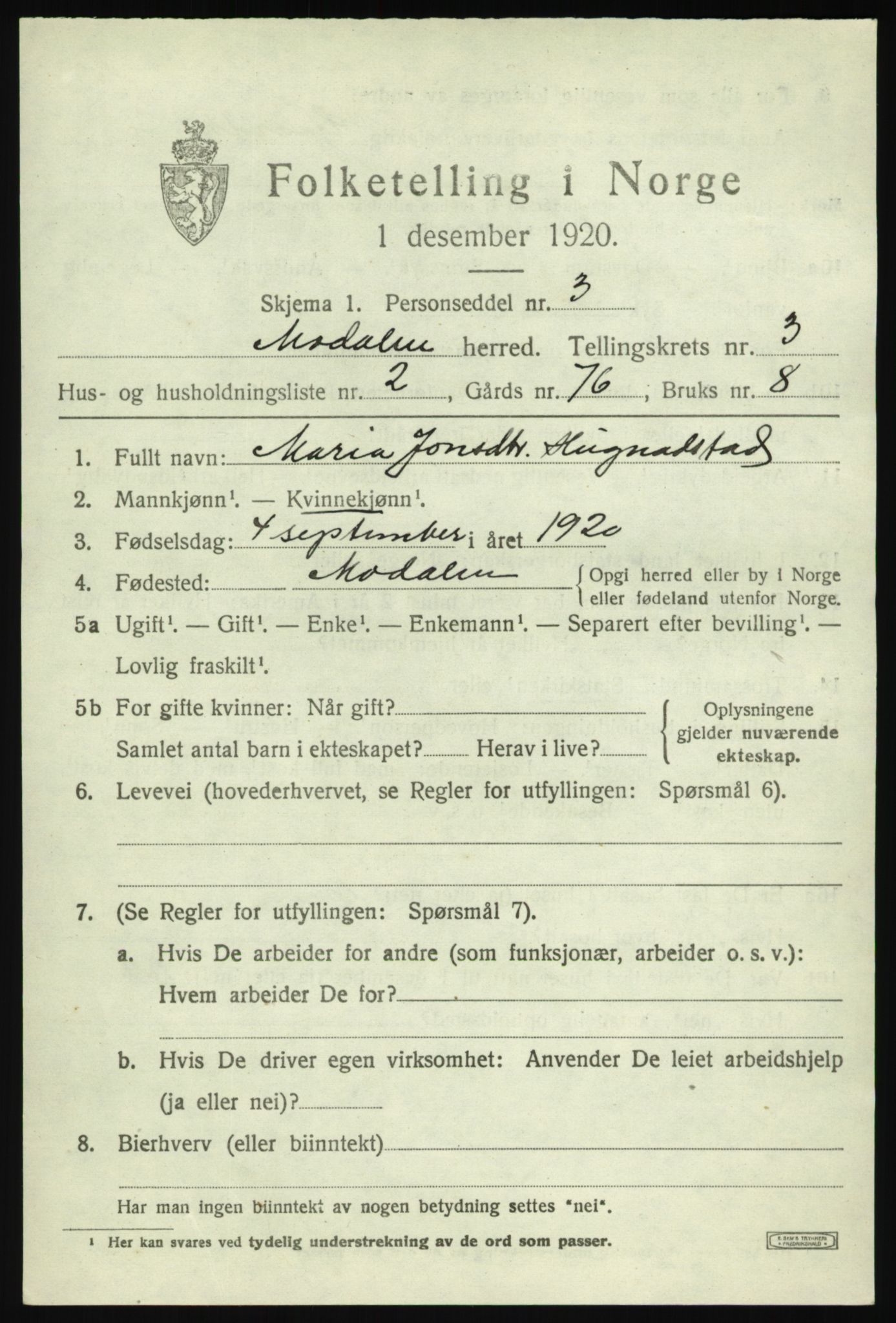 SAB, 1920 census for Modalen, 1920, p. 540