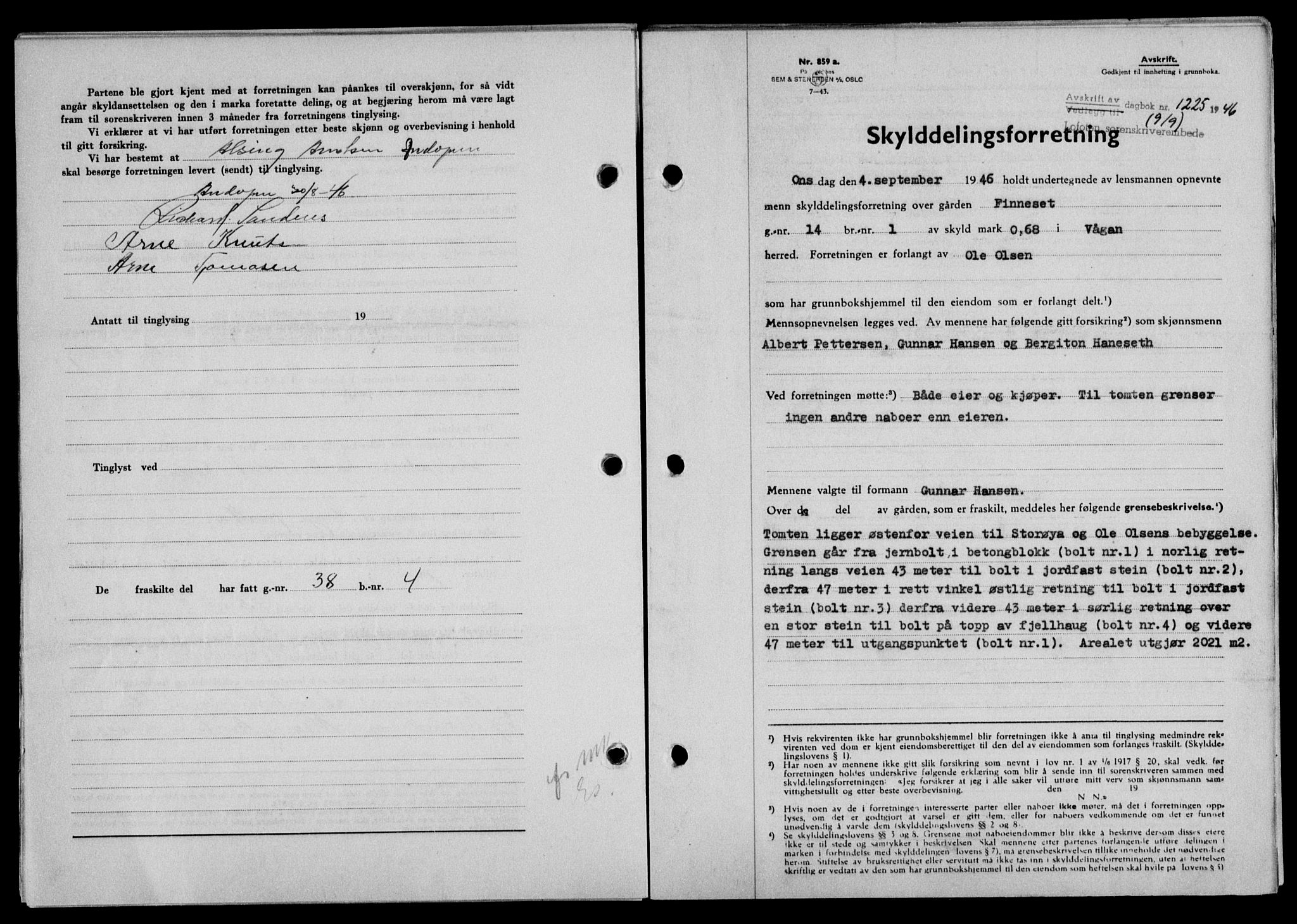 Lofoten sorenskriveri, SAT/A-0017/1/2/2C/L0014a: Mortgage book no. 14a, 1946-1946, Diary no: : 1225/1946