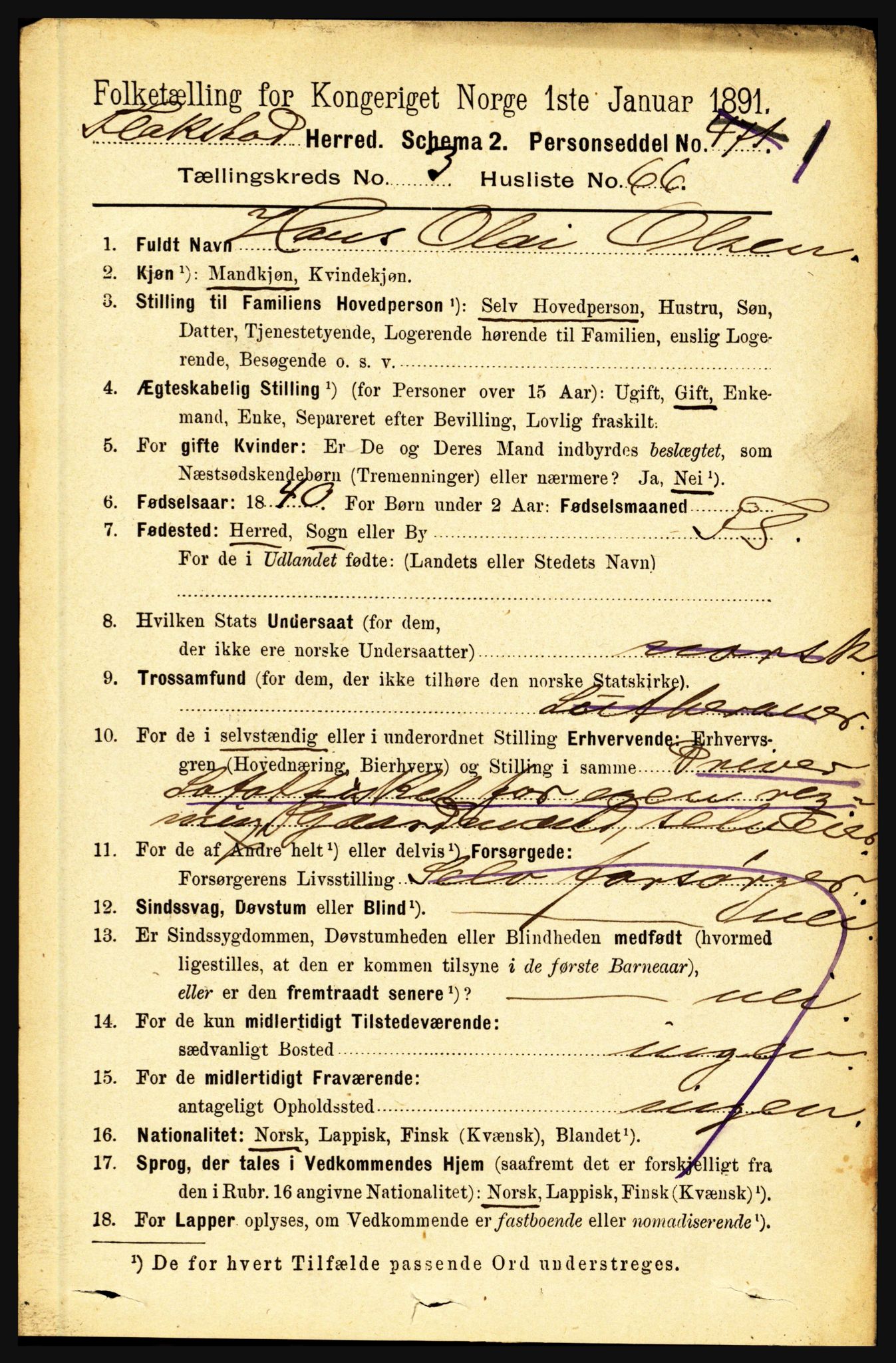 RA, 1891 census for 1859 Flakstad, 1891, p. 1777