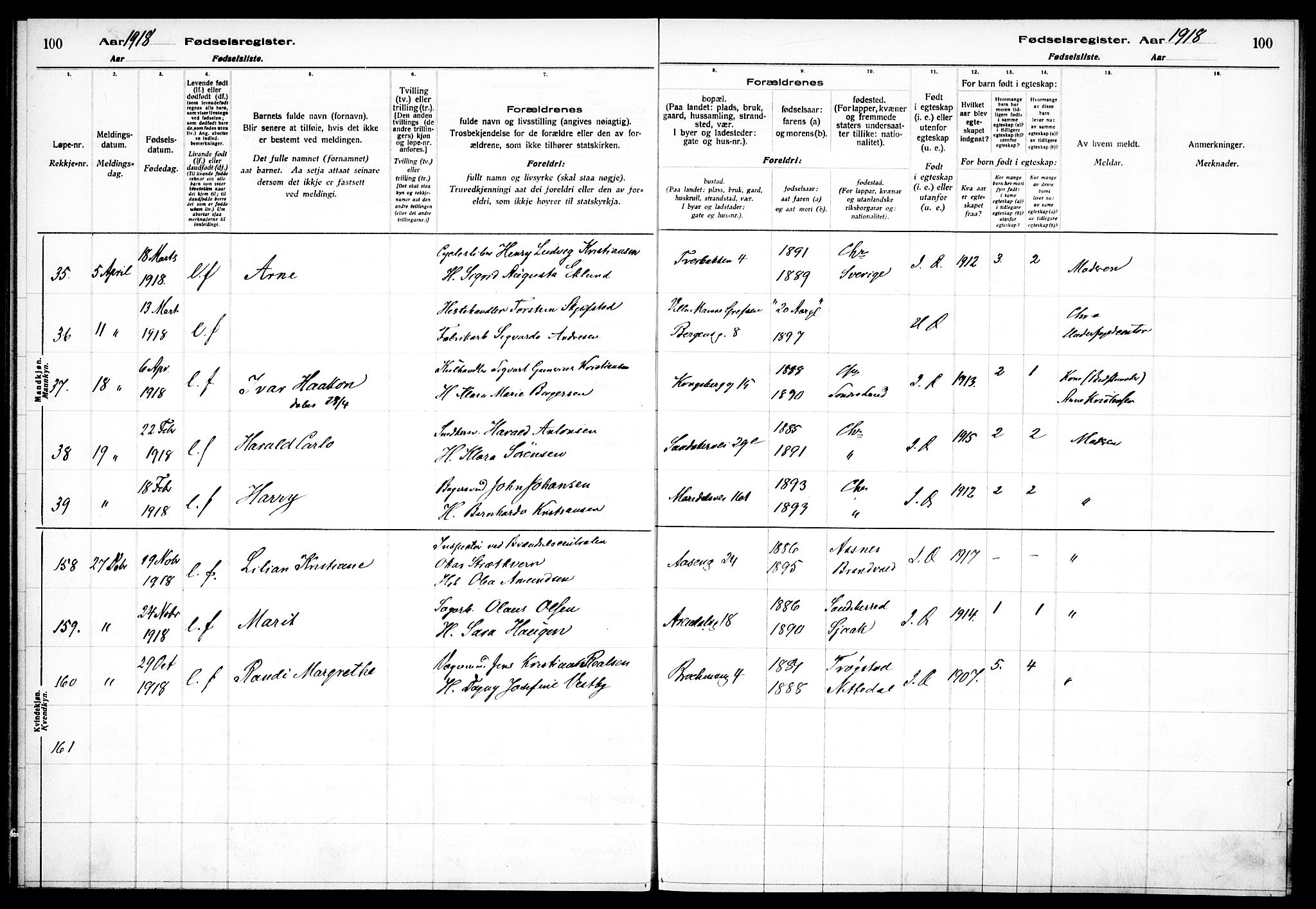 Sagene prestekontor Kirkebøker, AV/SAO-A-10796/J/L0001: Birth register no. 1, 1916-1920, p. 100